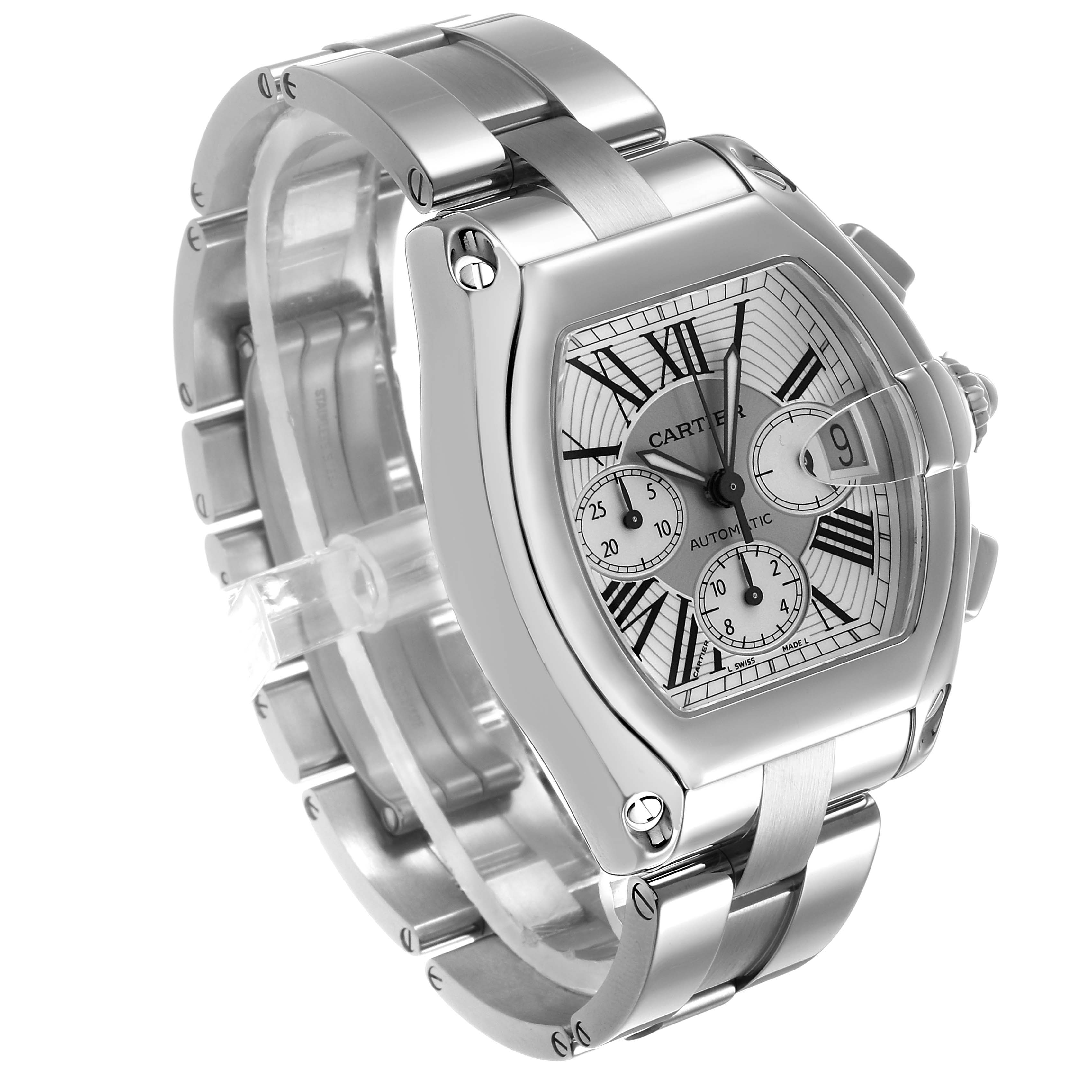 The Cartier Roadster W62019X6 Men's Stainless Steel Silver Dial watch is shown from a three-quarter angle highlighting the face, case, and bracelet.