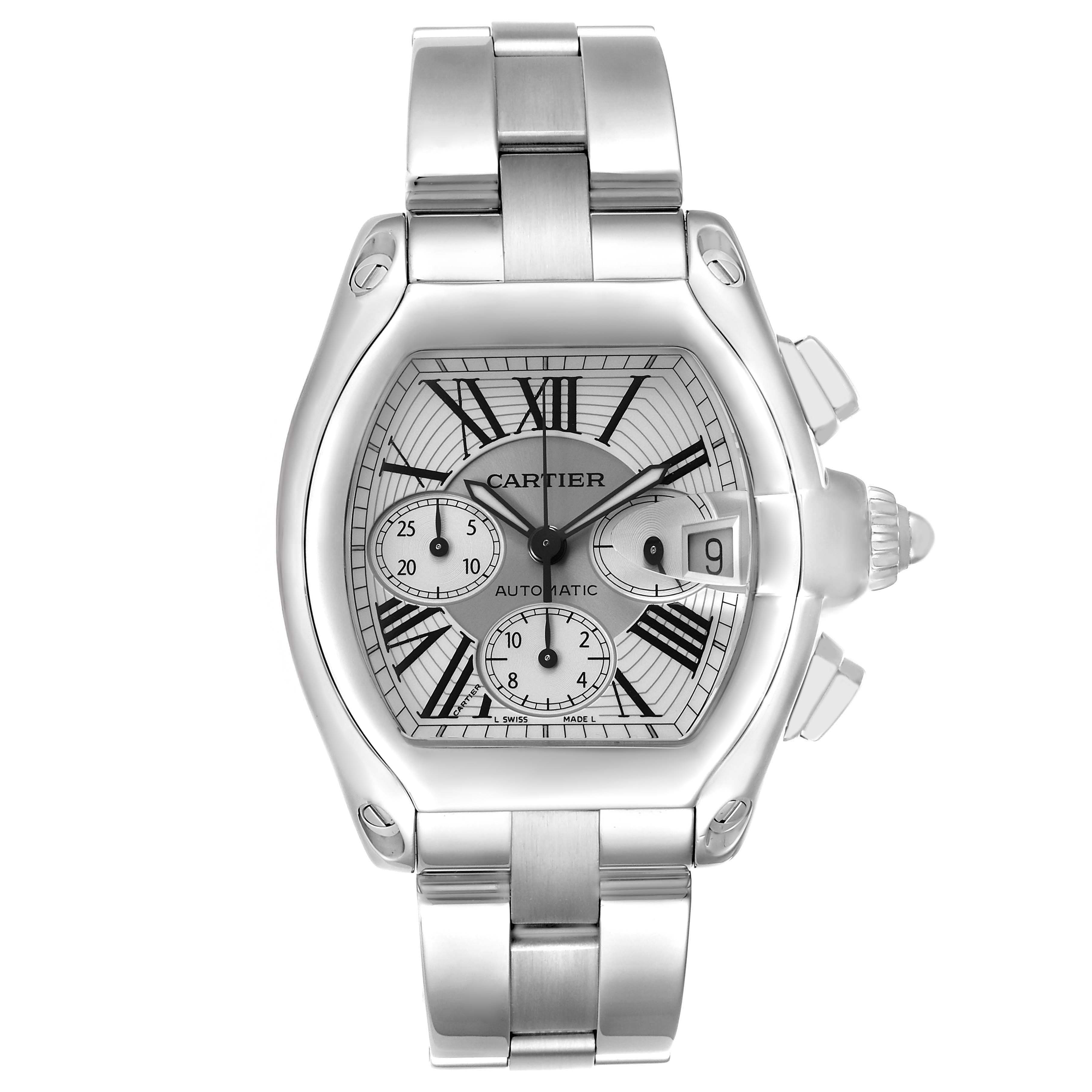 The Cartier Roadster W62019X6 Men's Stainless Steel Silver Dial watch is shown from a top view, highlighting the face, chronograph subdials, and date window.