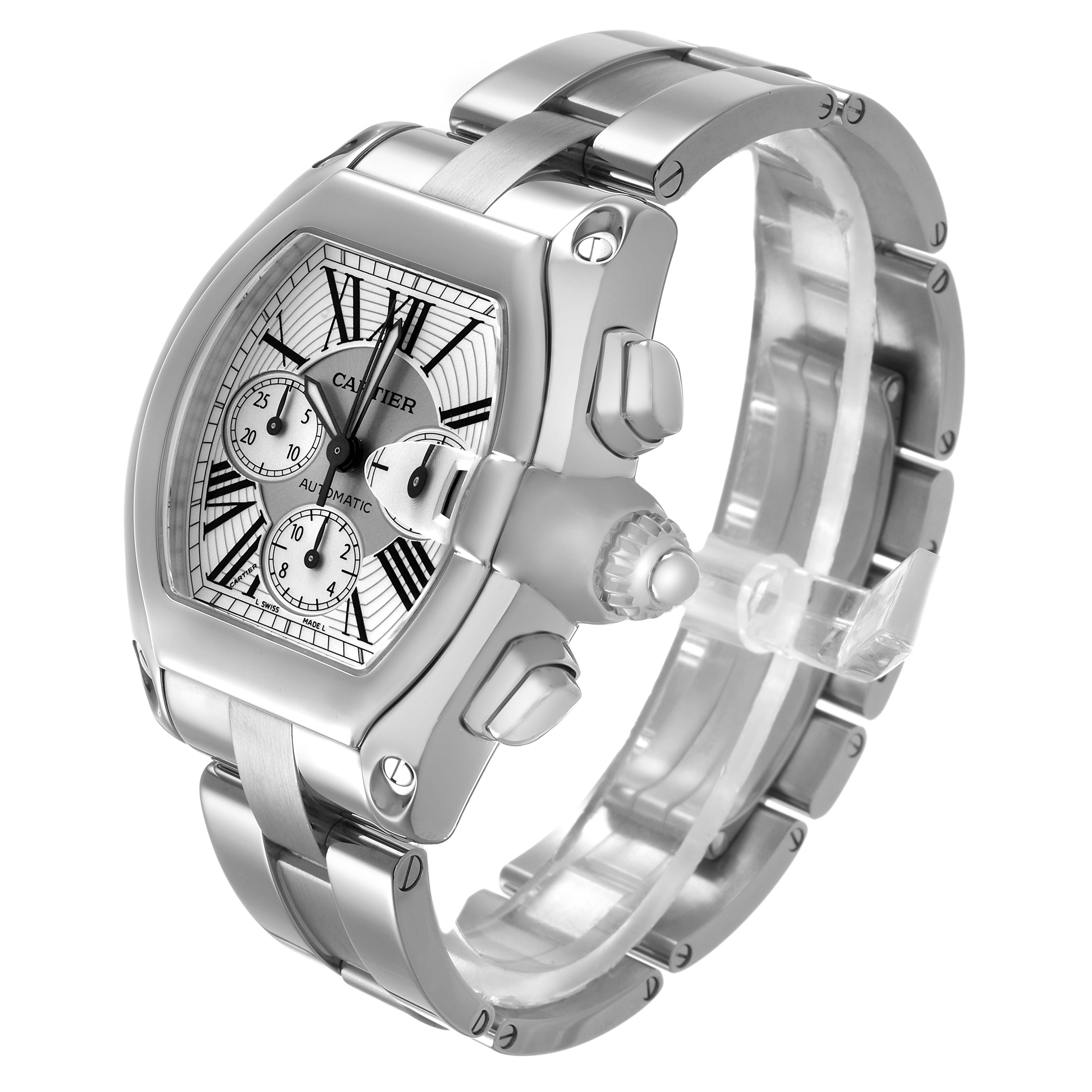 The Cartier Roadster W62019X6 Men's Stainless Steel Silver Dial watch is shown at a three-quarter angle, displaying its face, case, crown, and bracelet clearly.