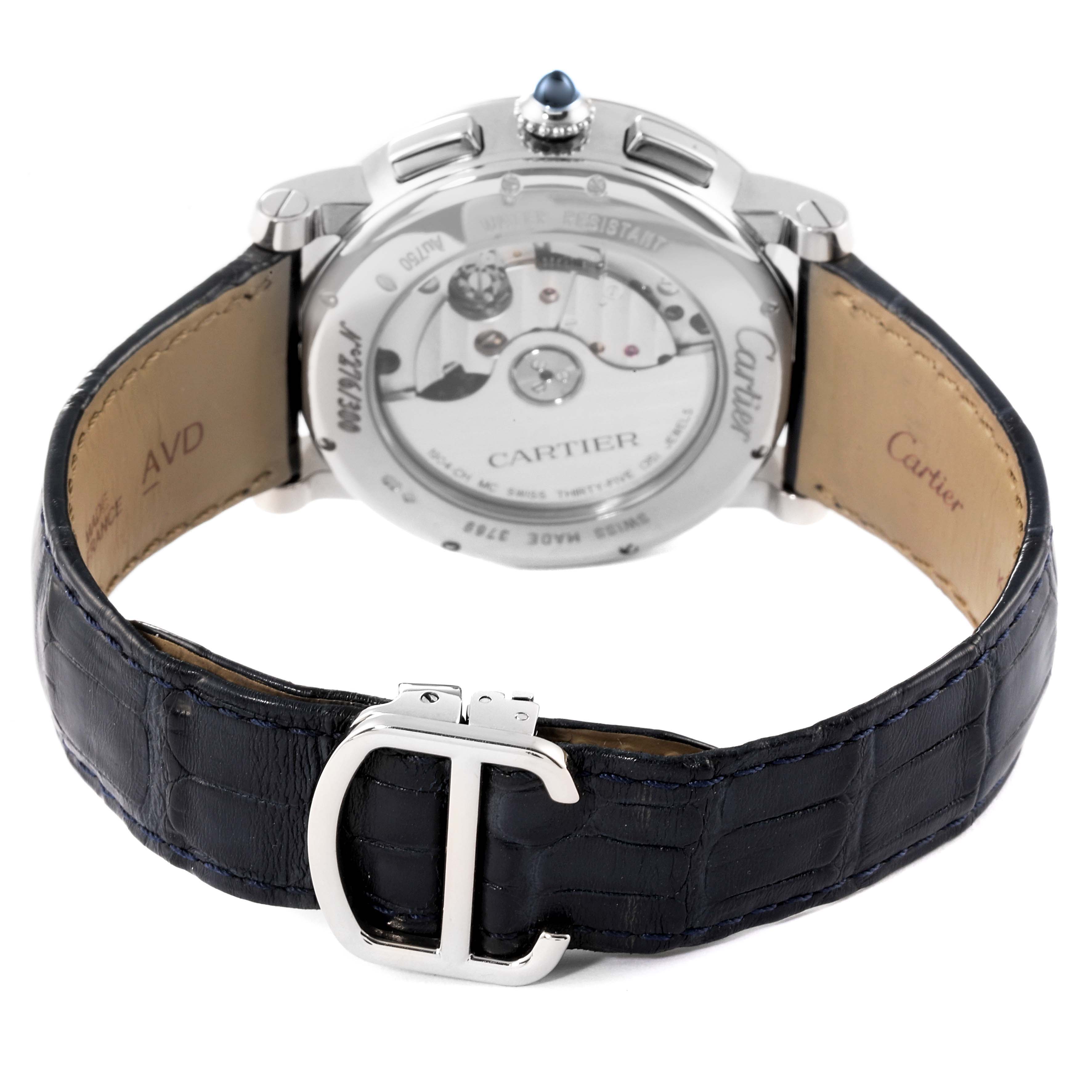 The image shows the back view of the Cartier Rotonde W1556239 Men's White Gold Blue Dial W1556239 Men's White Gold Blue Dial model watch, highlighting the movement and leather strap with a "C" clasp.