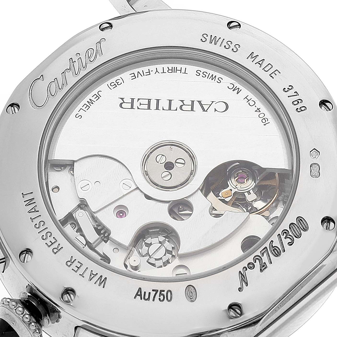 This image shows the back view of the Cartier Rotonde W1556239 Men's White Gold Blue Dial W1556239 Men's White Gold Blue Dial watch, revealing its mechanical movement and engraved details.