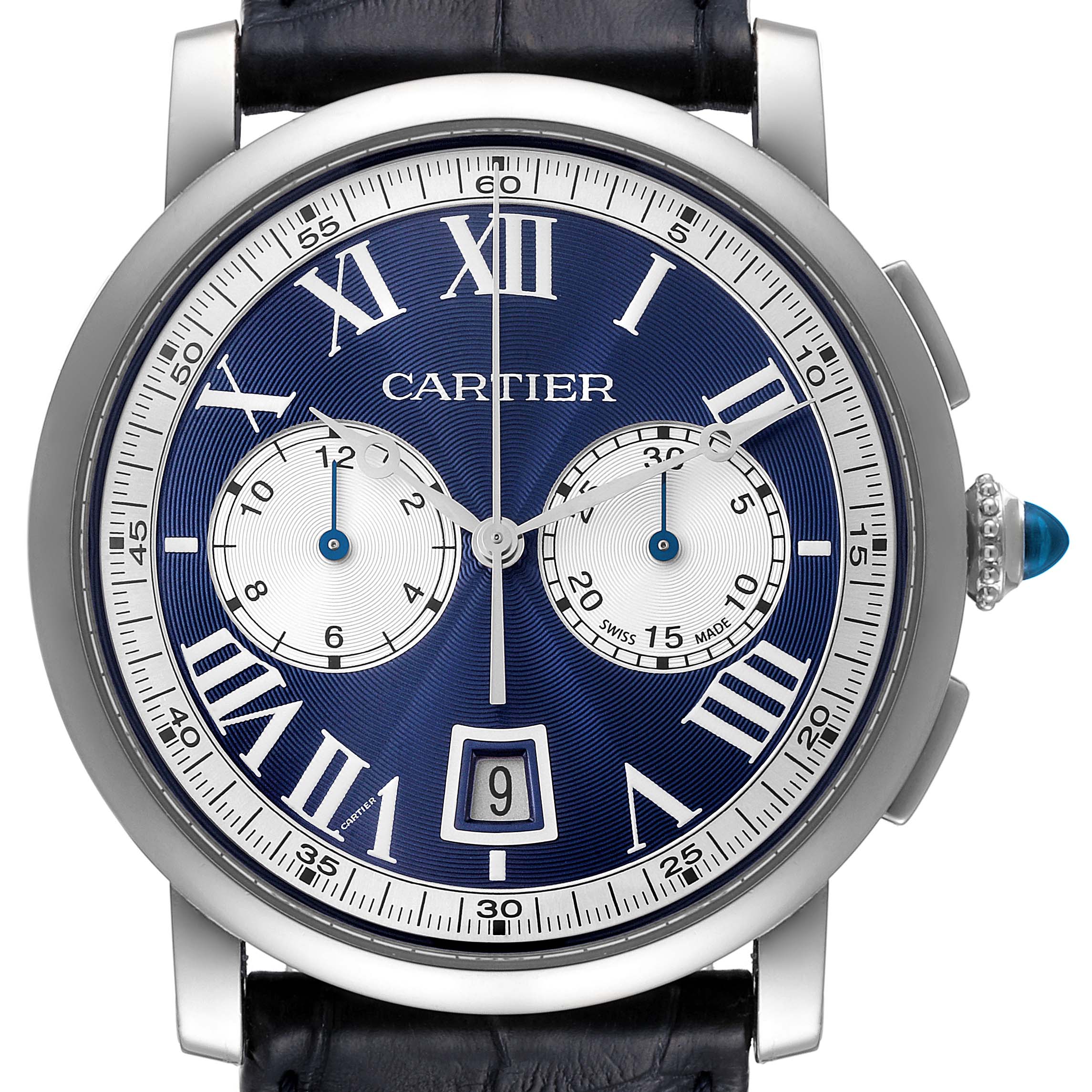 This is a close-up view of a Cartier Rotonde W1556239 Men's White Gold Blue Dial W1556239 Men's White Gold Blue Dial watch showing the dial, subdials, hands, and crown at a front-facing angle.