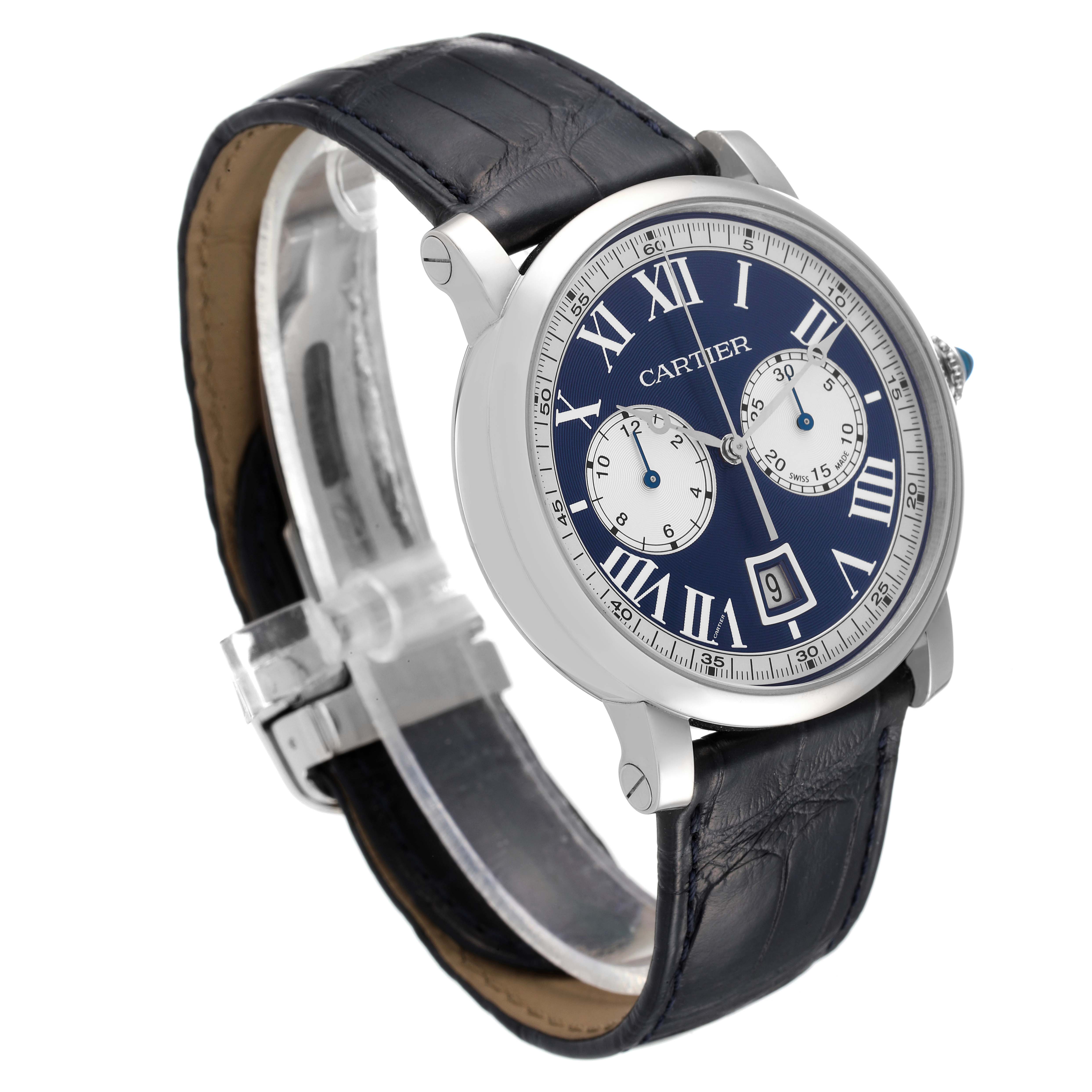 The image shows a Rotonde model by Cartier from an angled front view, displaying its face, lugs, and leather strap.