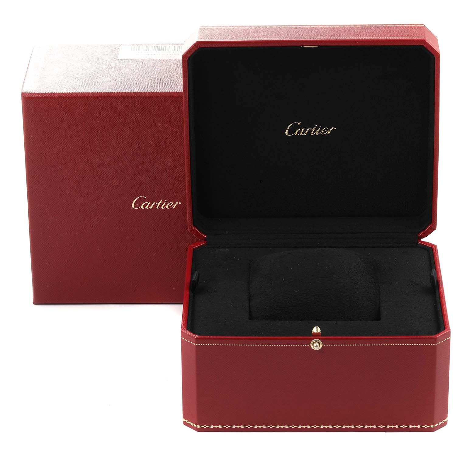The image shows an open and closed red Cartier box for the Rotonde watch model, displaying the interior cushion and gold lettering.