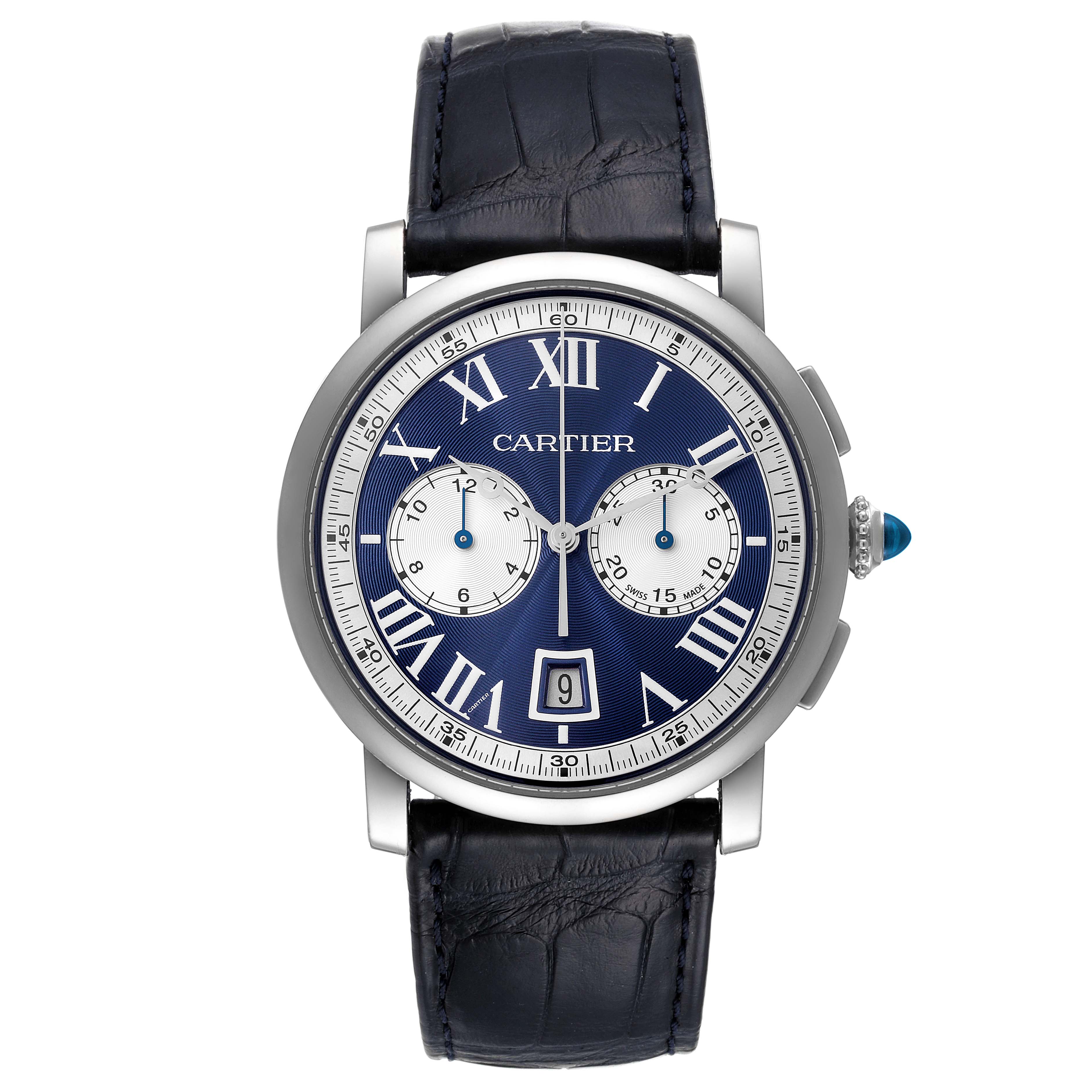 The Cartier Rotonde W1556239 Men's White Gold Blue Dial W1556239 Men's White Gold Blue Dial model watch is shown head-on, displaying its face, Roman numerals, sub-dials, and date window.