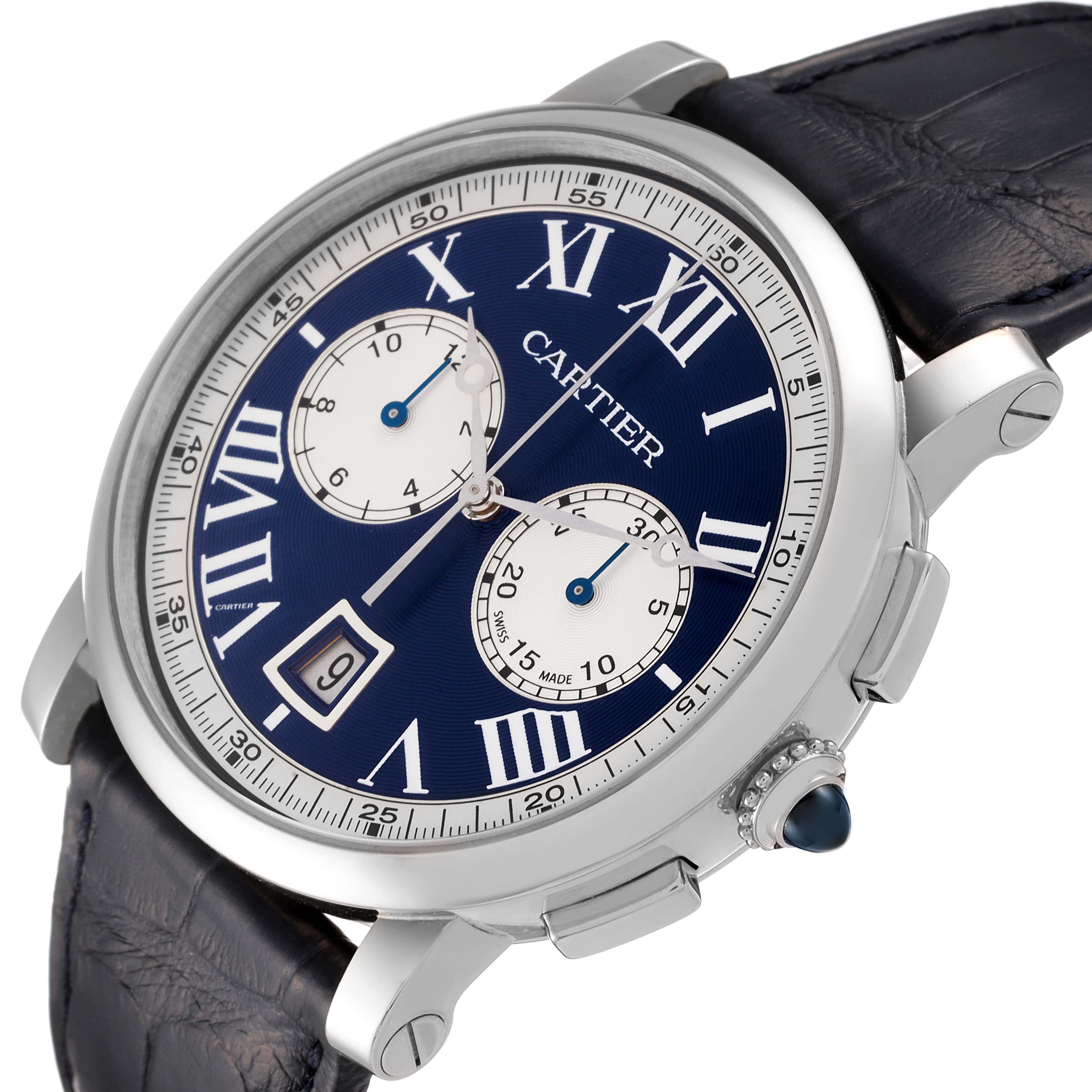 The image shows a Rotonde model by Cartier from a three-quarter angle, highlighting the dial, crown, and leather strap.