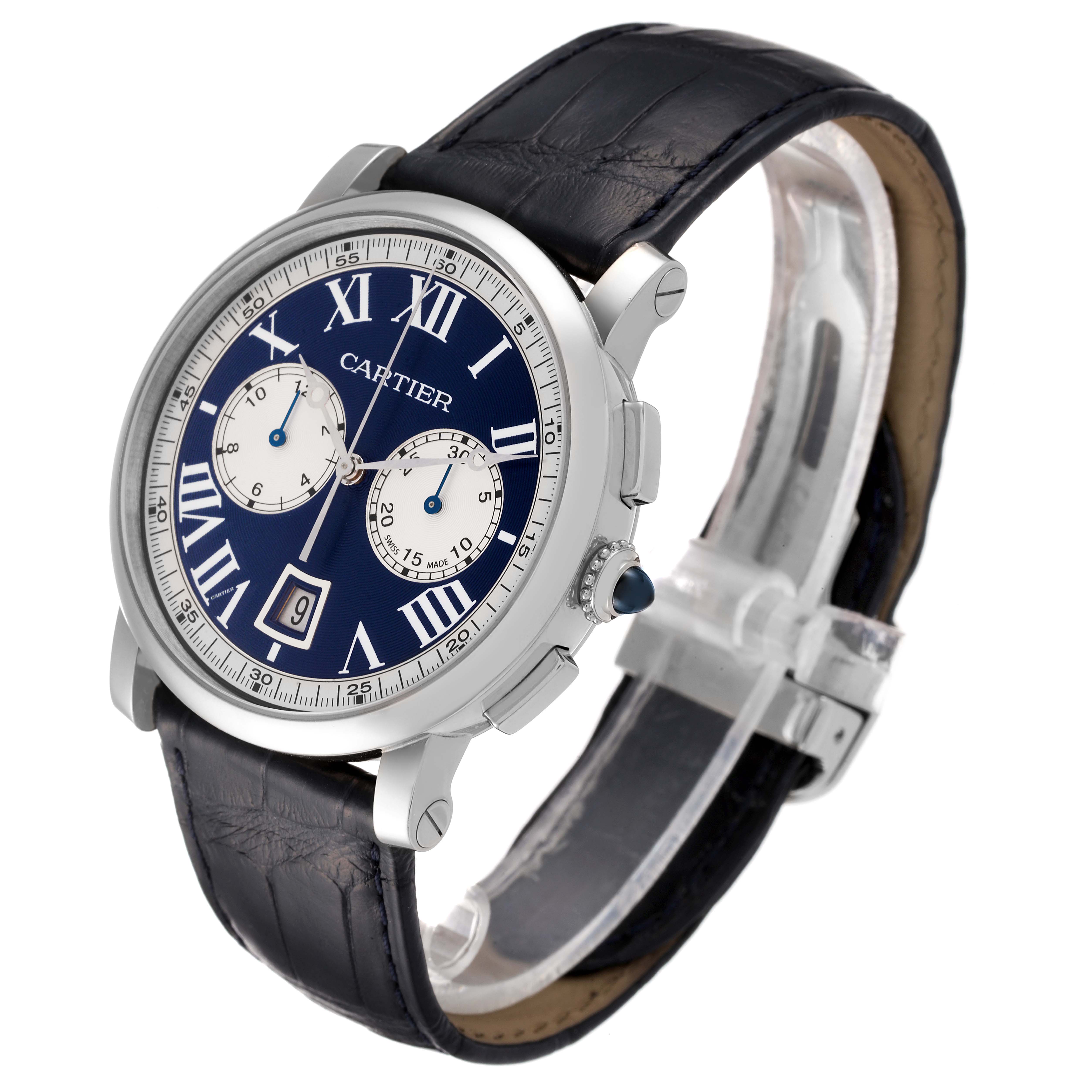 The image shows the front and partial side view of a Cartier Rotonde W1556239 Men's White Gold Blue Dial W1556239 Men's White Gold Blue Dial watch, displaying the dial, case, crown, and strap.