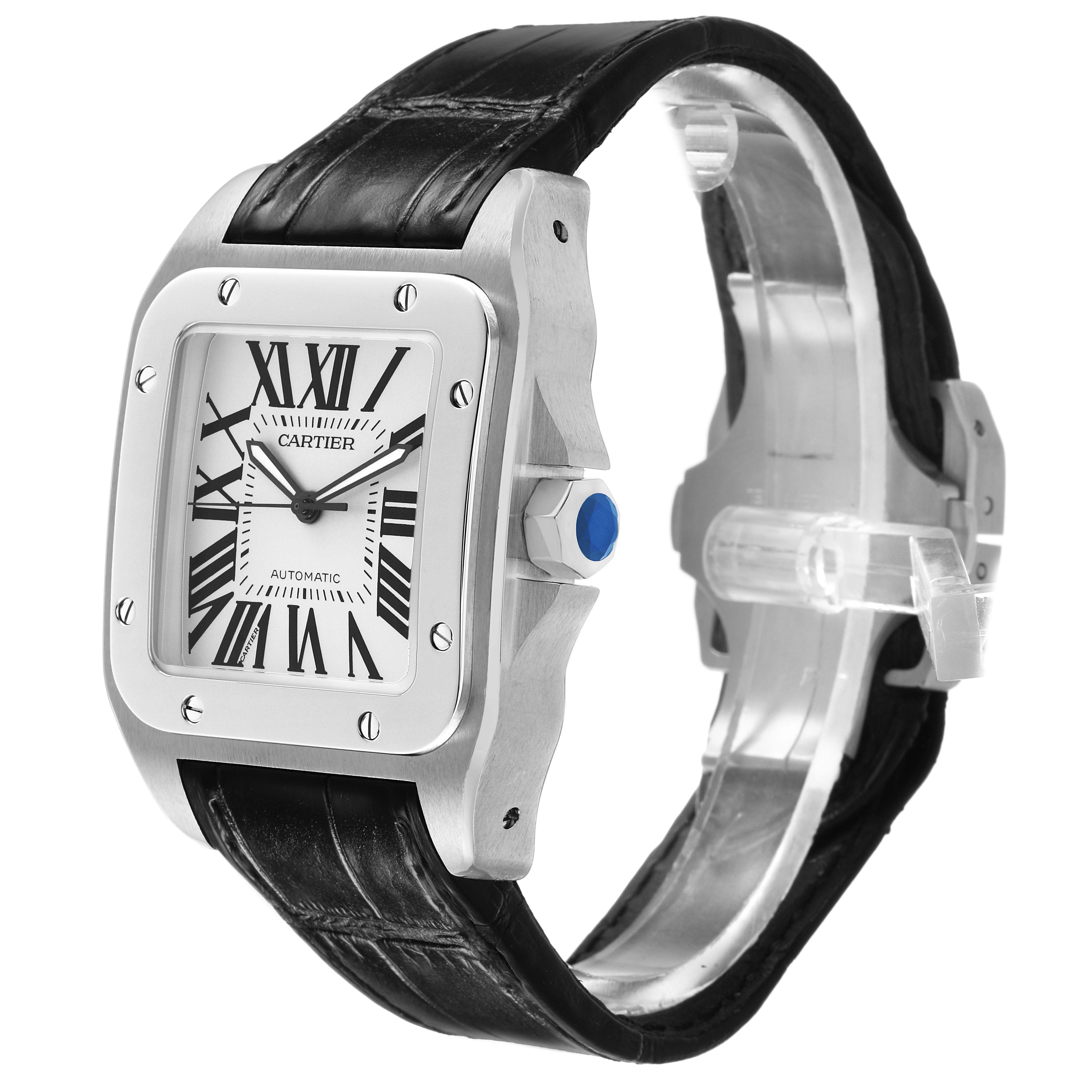 The Cartier Santos W20073X8 Men's Stainless Steel Silver Dial watch is shown at an angle highlighting its face, case, crown, and band.