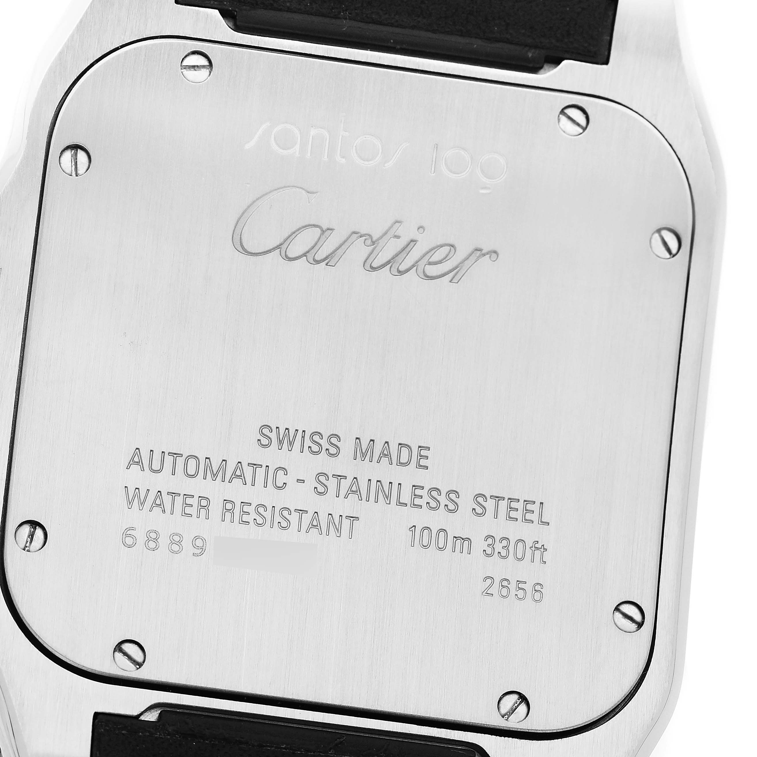 The image shows the back of a Cartier Santos W20073X8 Men's Stainless Steel Silver Dial watch, highlighting the brushed stainless steel case and engraved details.