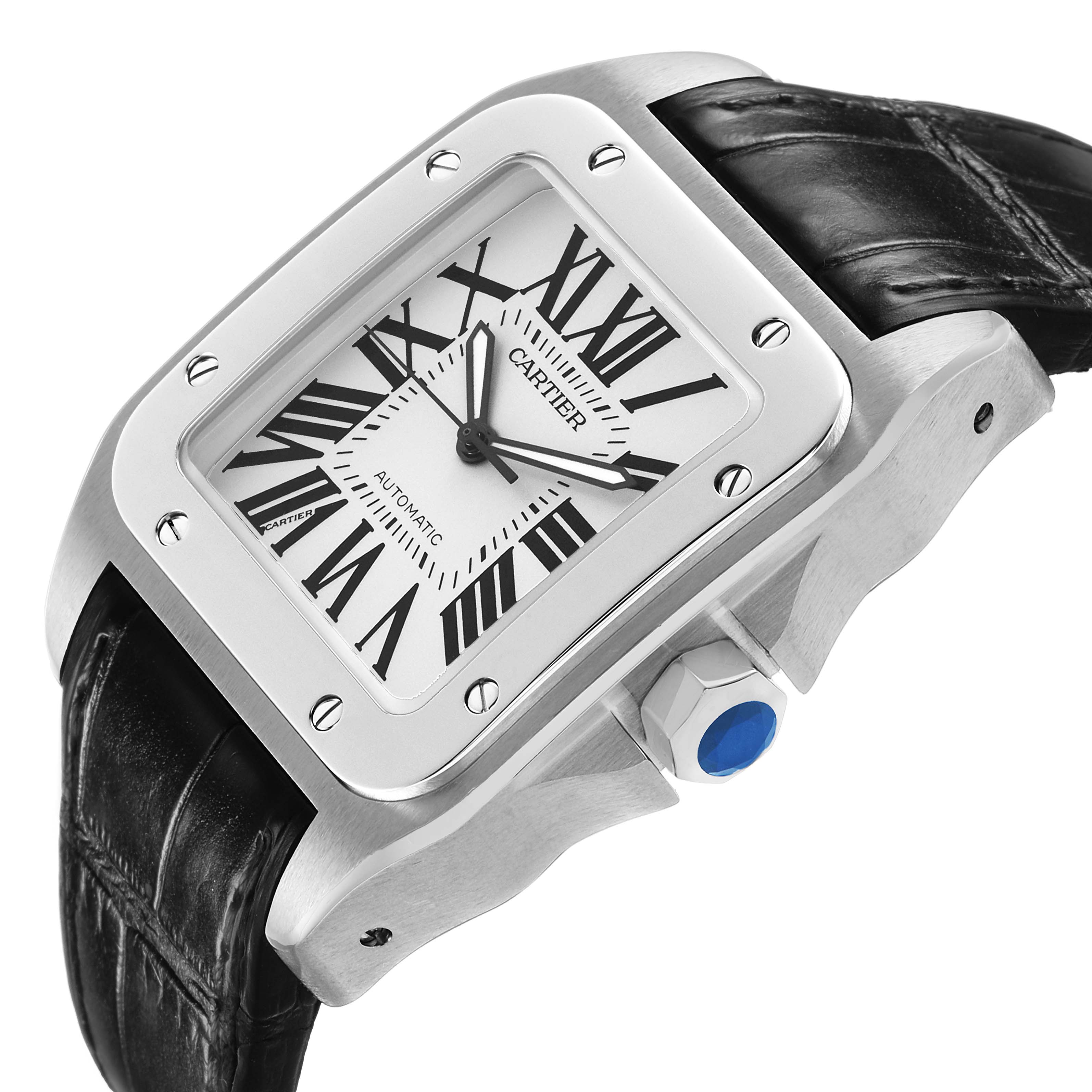 The Cartier Santos W20073X8 Men's Stainless Steel Silver Dial watch is shown at an angle highlighting the face, case, crown, and part of the leather strap.