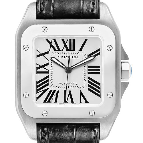 The Cartier Santos W20073X8 Men's Stainless Steel Silver Dial watch is shown from the front, highlighting its face, bezel, and leather strap.
