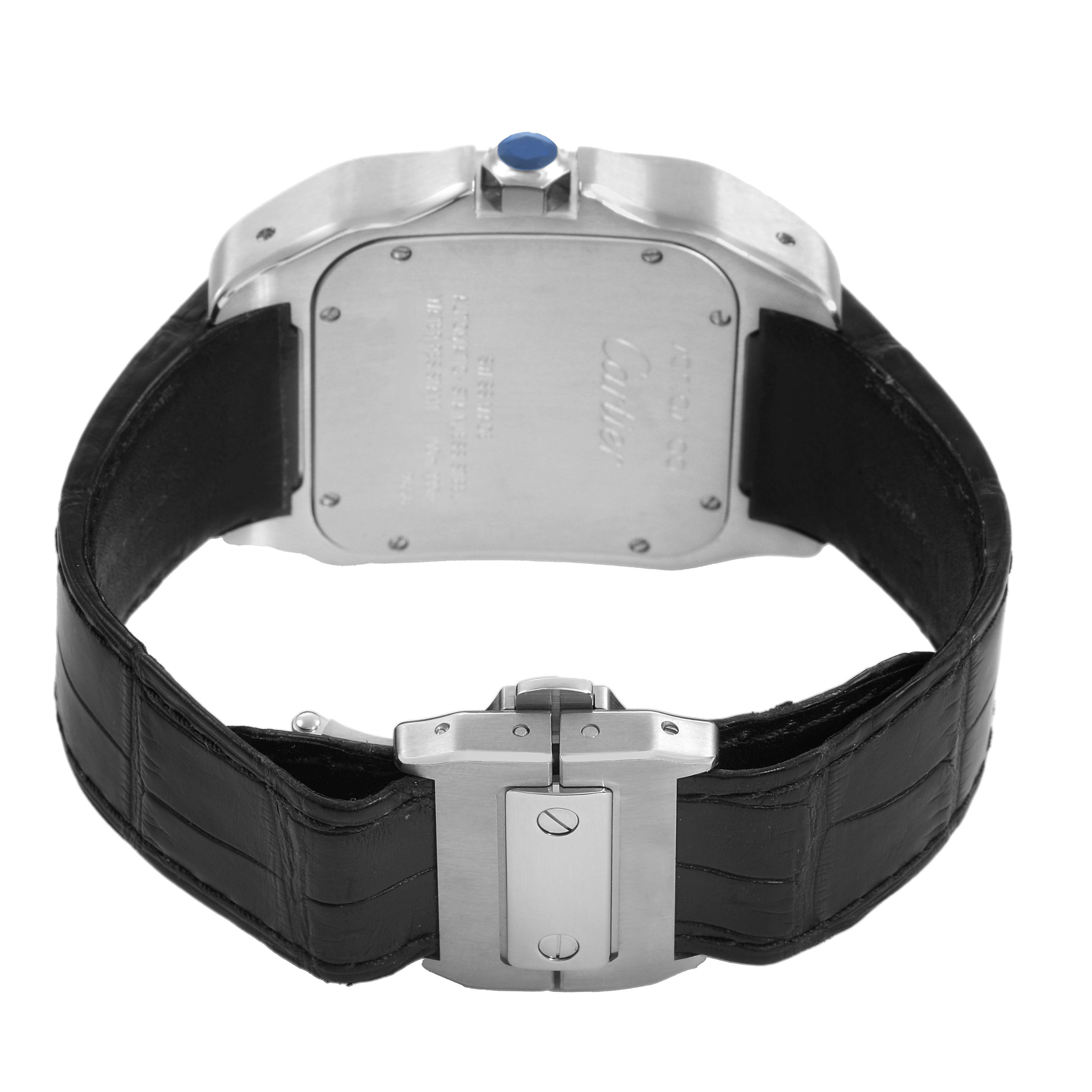 The image shows the back view of a Cartier Santos W20073X8 Men's Stainless Steel Silver Dial watch, detailing the case back and black leather strap with the clasp.
