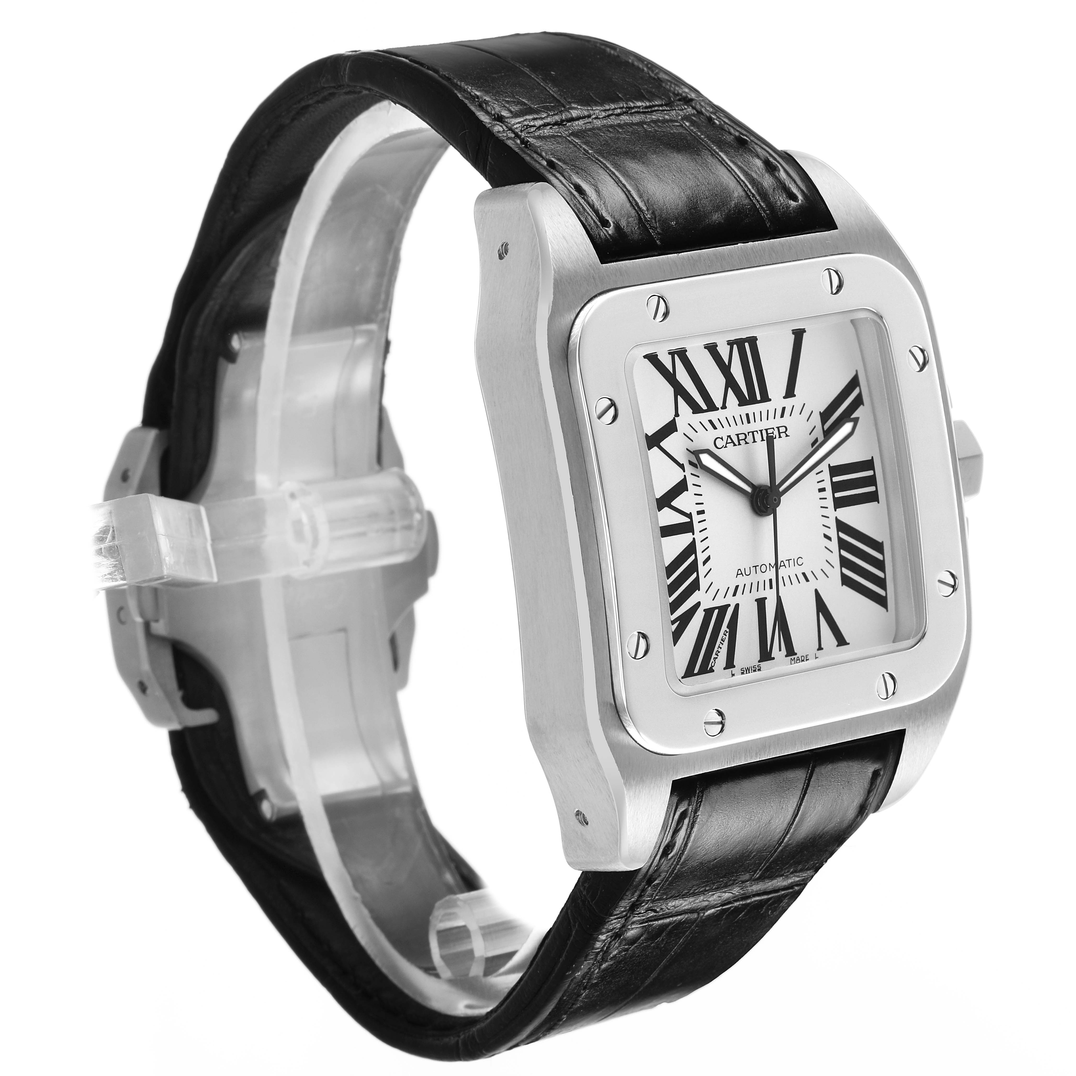 The Cartier Santos W20073X8 Men's Stainless Steel Silver Dial watch is shown at a three-quarter angle, highlighting the case, dial, and leather strap.