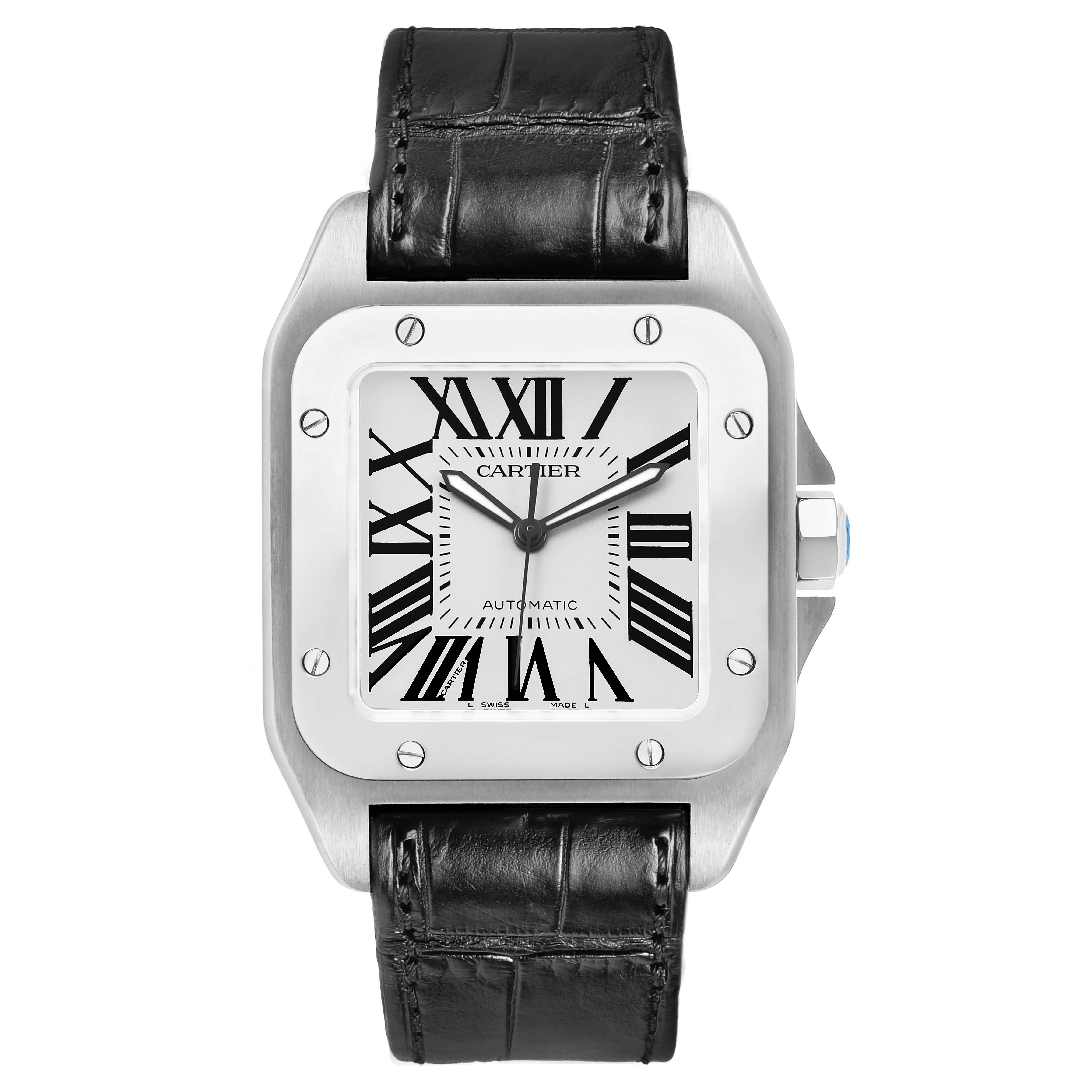 The Cartier Santos W20073X8 Men's Stainless Steel Silver Dial watch is shown from a front angle, highlighting its square case, Roman numerals, and black leather strap.