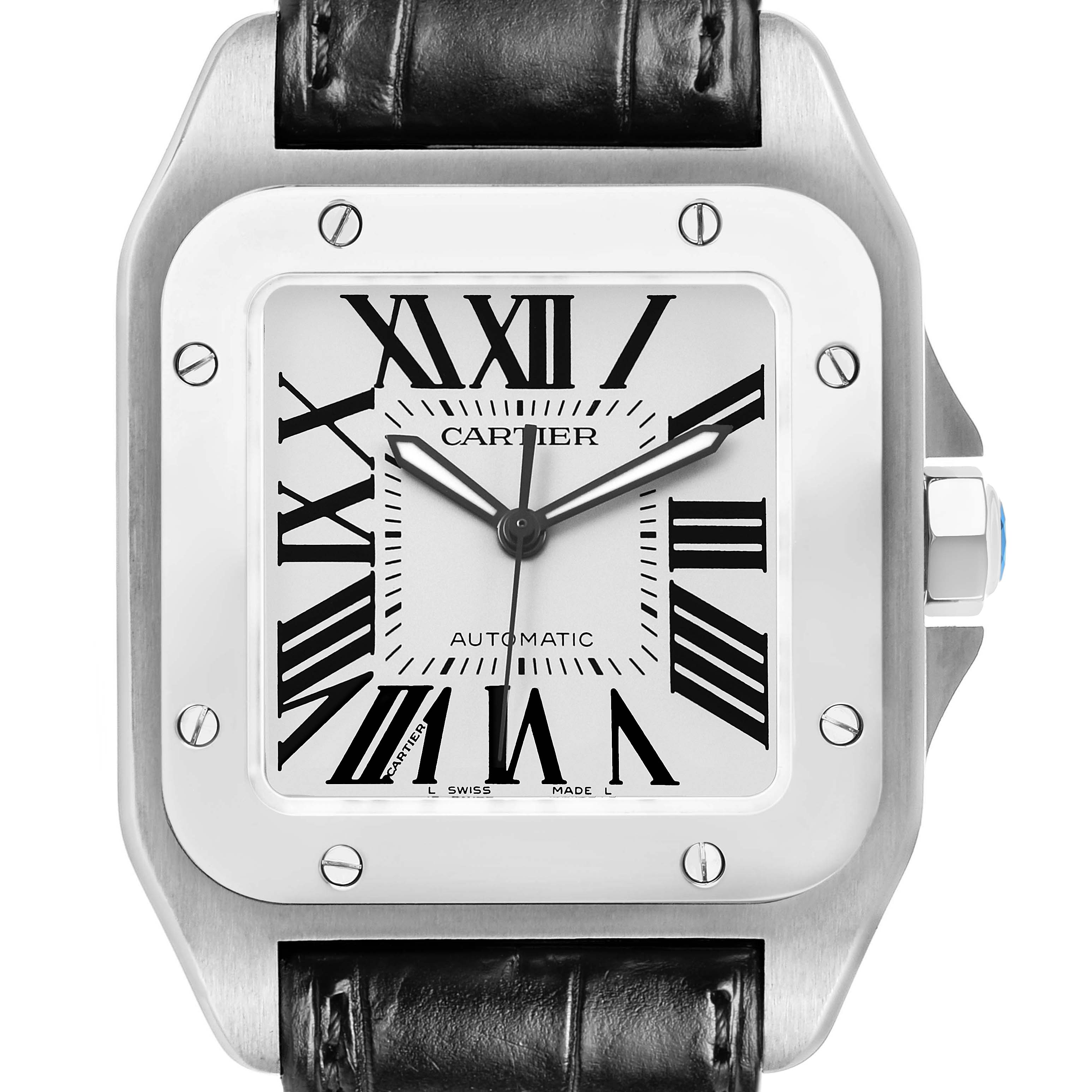 The Cartier Santos W20073X8 Men's Stainless Steel Silver Dial watch is shown from the front, displaying the dial, case, crown, and part of the leather strap.