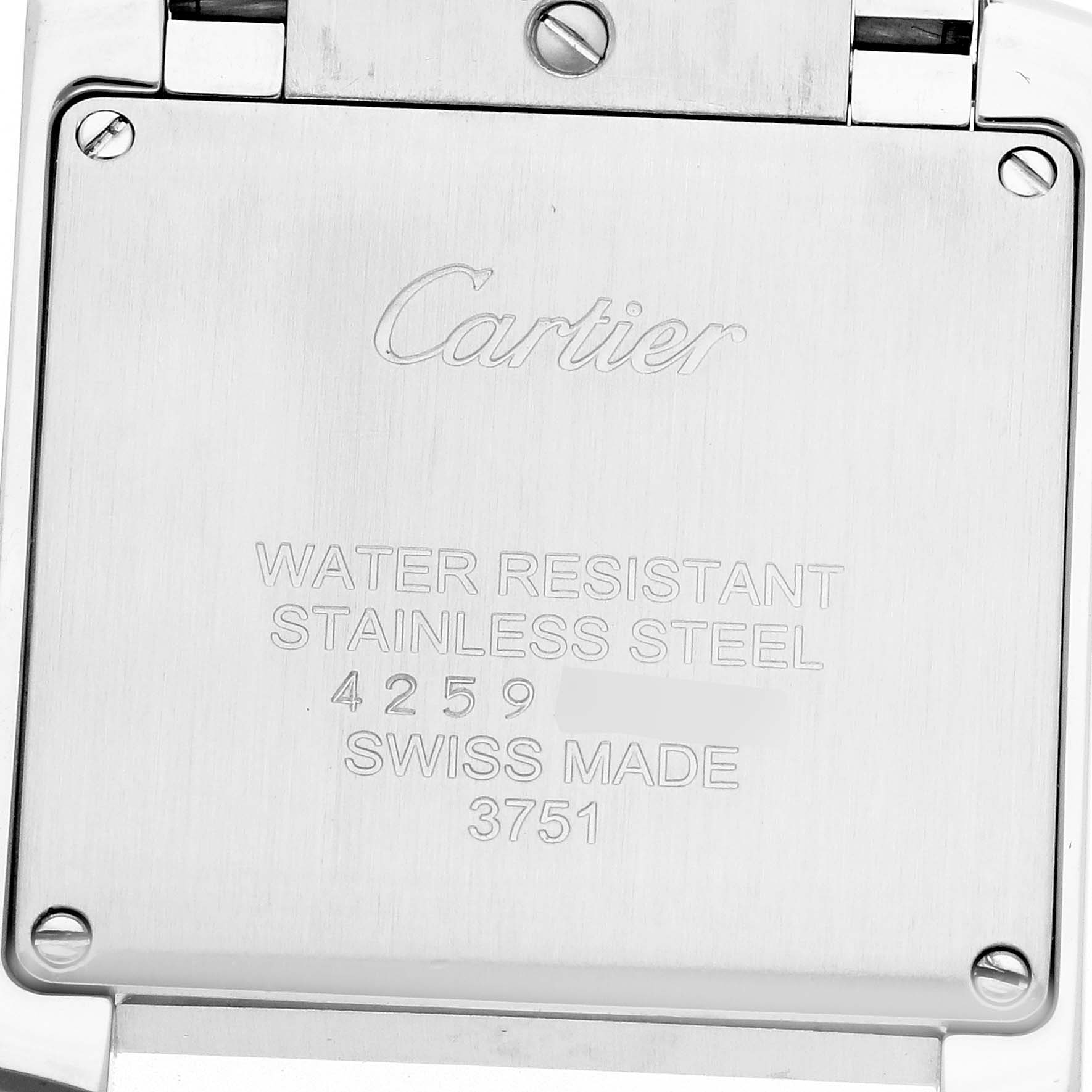 The image shows the case back of a Cartier Tank Francaise W4TA0009 Women
s Stainless Steel Silver Dial W4TA0009 Women
s Stainless Steel Silver Dial, highlighting the brand, model, and specifications.