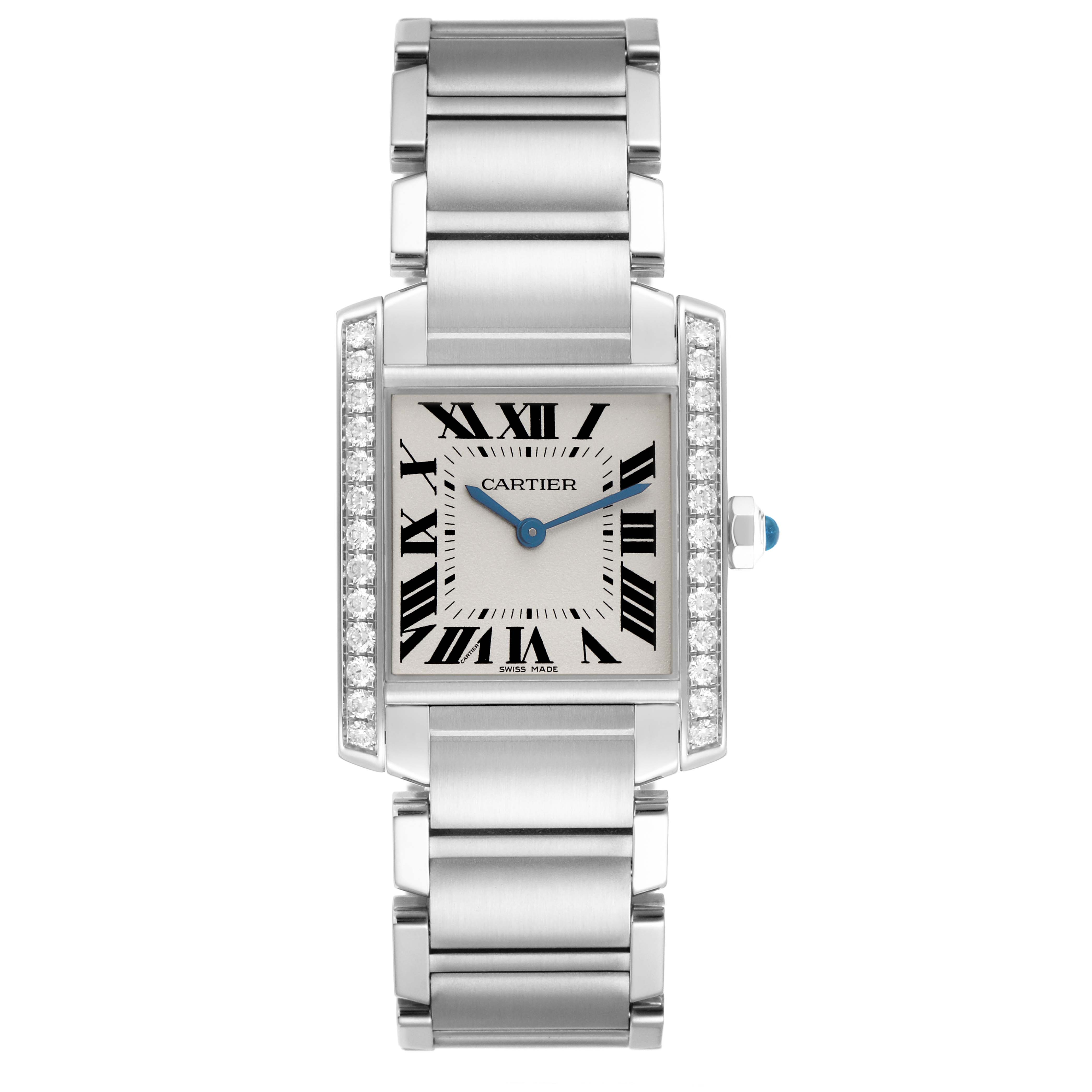 The Cartier Tank Francaise W4TA0009 Women
s Stainless Steel Silver Dial W4TA0009 Women
s Stainless Steel Silver Dial watch is shown from the front, displaying its rectangular face, Roman numerals, and metal bracelet.
