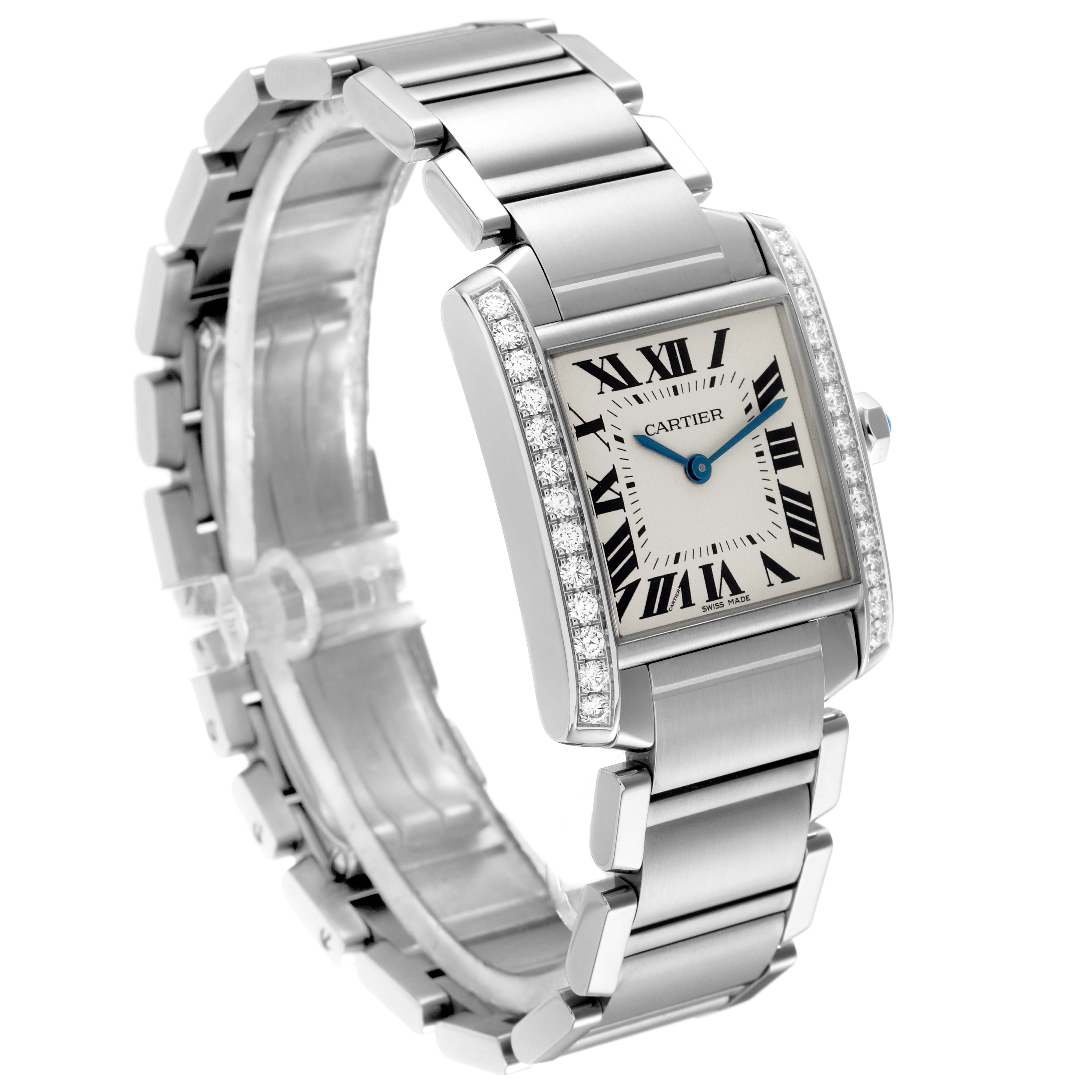 The Cartier Tank Francaise W4TA0009 Women
s Stainless Steel Silver Dial W4TA0009 Women
s Stainless Steel Silver Dial watch is shown at a three-quarter angle, highlighting its bracelet, dial with Roman numerals, and diamond accents.