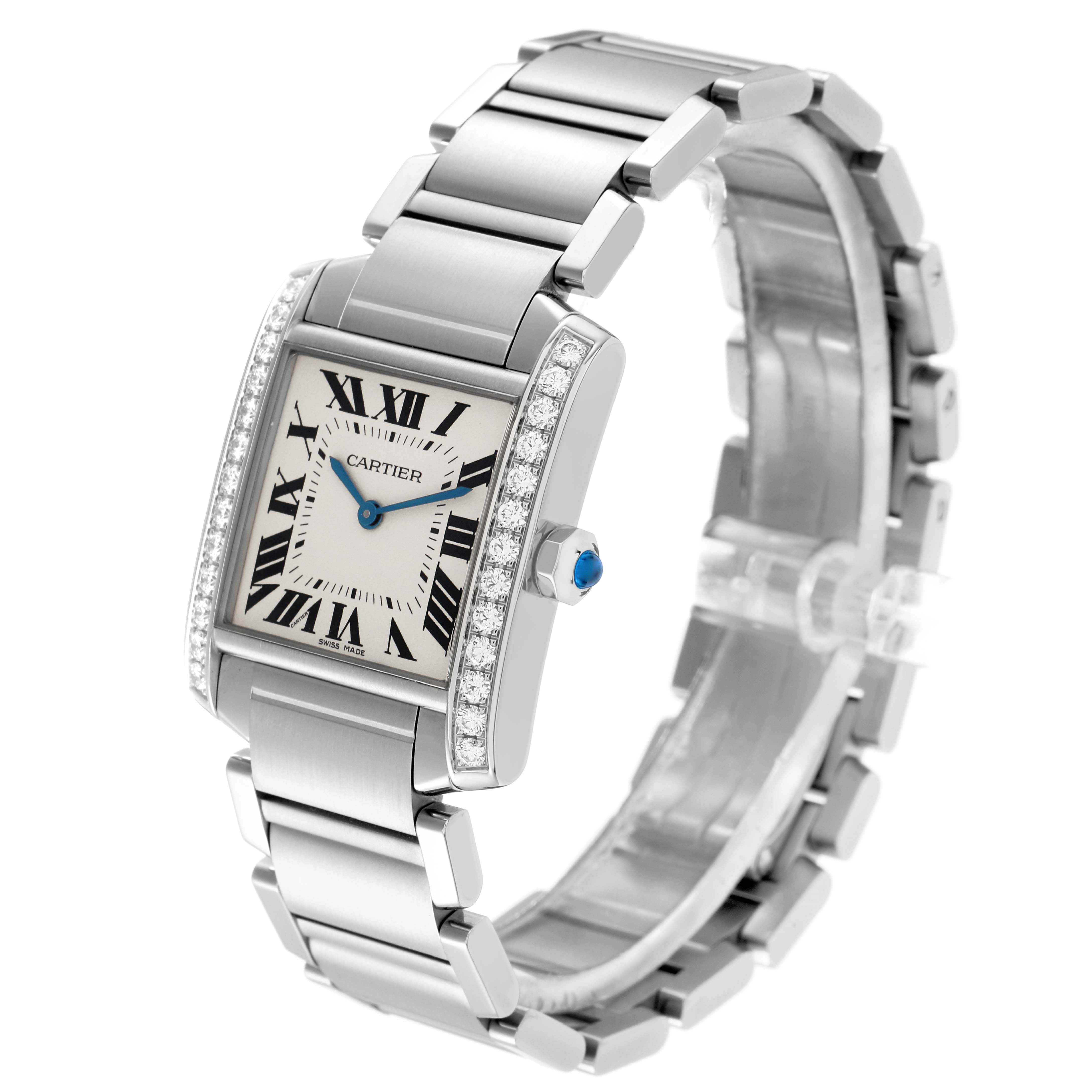 The Cartier Tank Française watch is shown from a front angle, featuring its rectangular face, bracelet, and diamond accents.