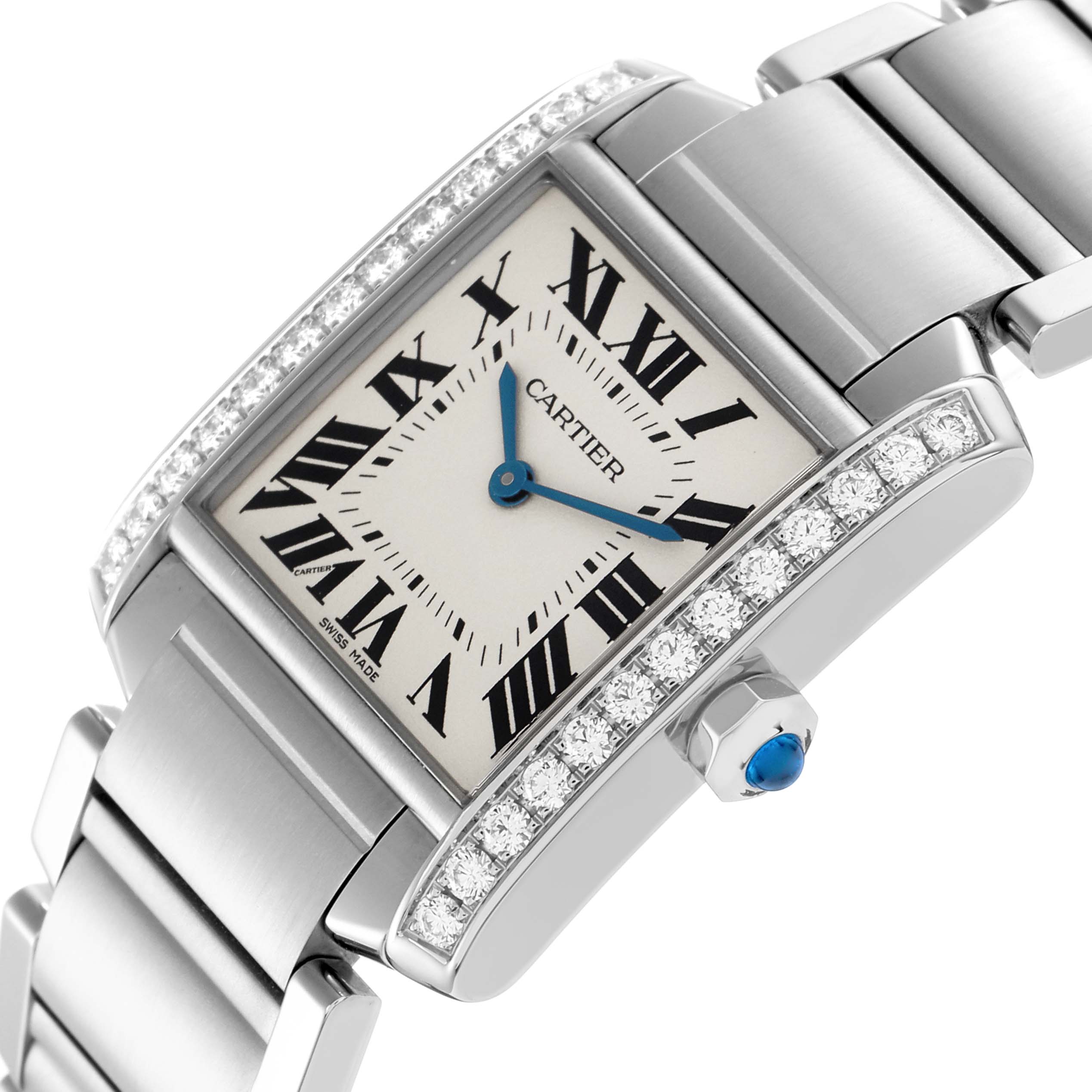 The Cartier Tank Française is shown at an angled close-up, displaying its rectangular face, Roman numerals, diamond accents, and blue hands.