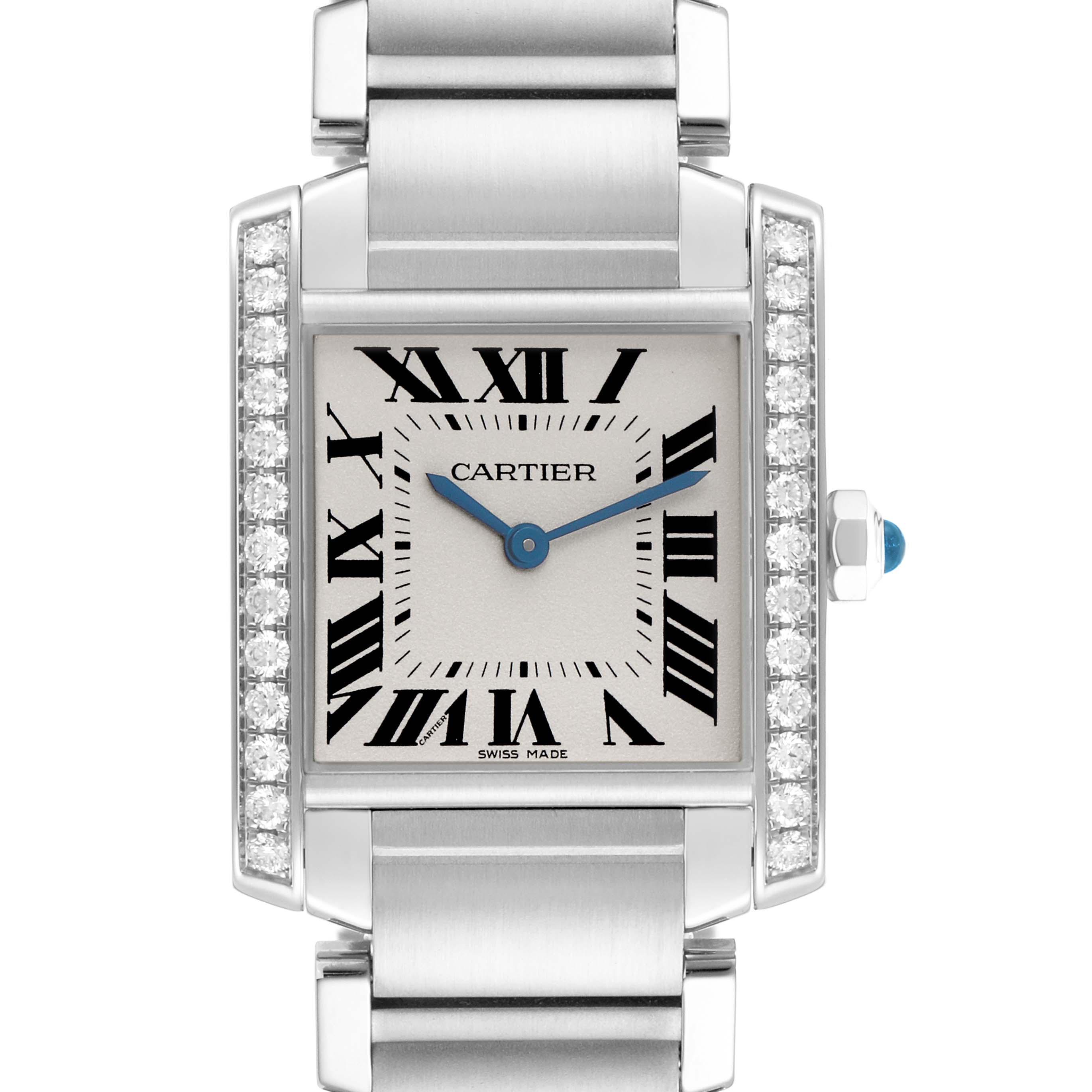 The Cartier Tank Française watch is shown from the front, displaying the face, Roman numerals, and bracelet details.