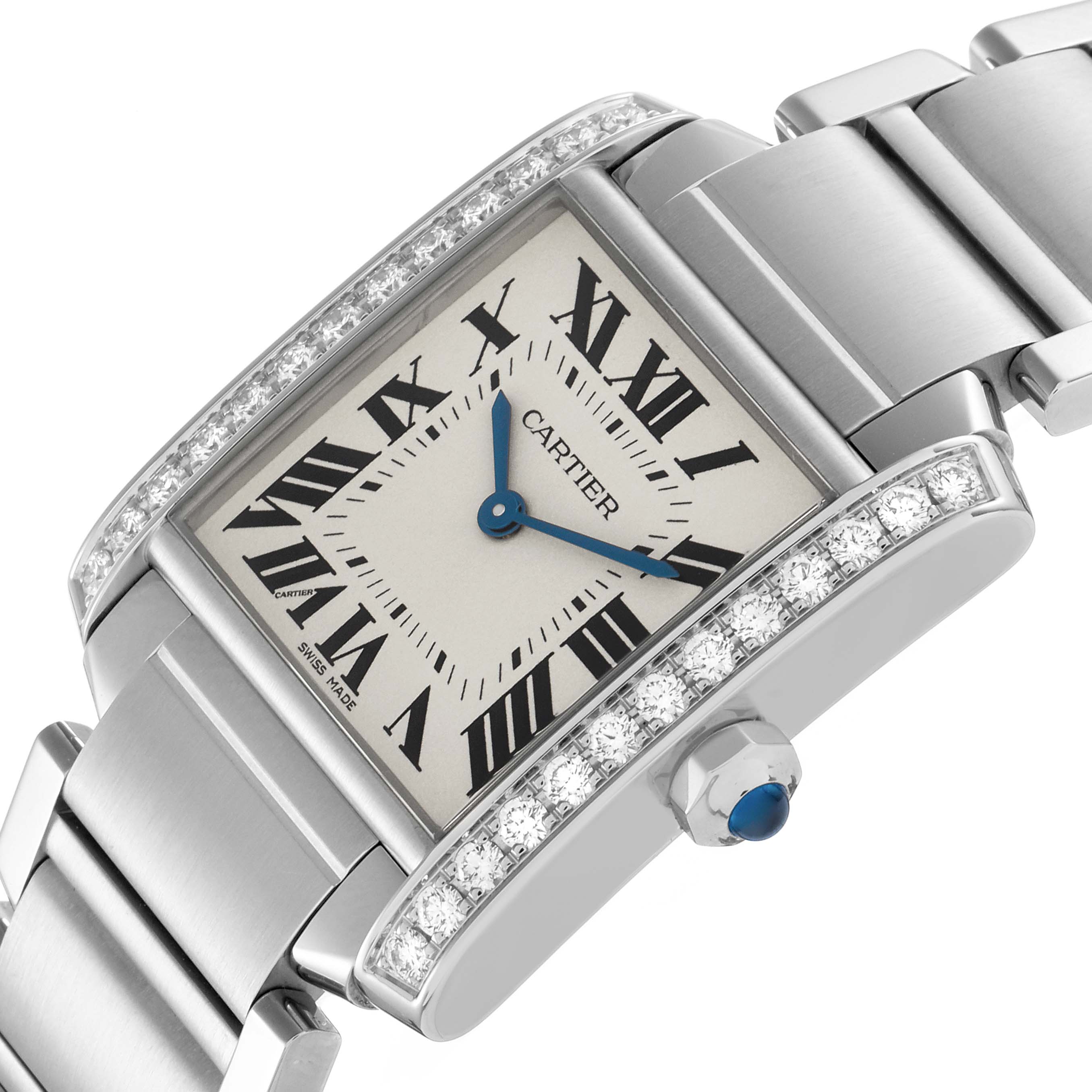 The Cartier Tank Française is shown at an angled view, highlighting the dial, diamond accents, bracelet, and crown with a blue cabochon.