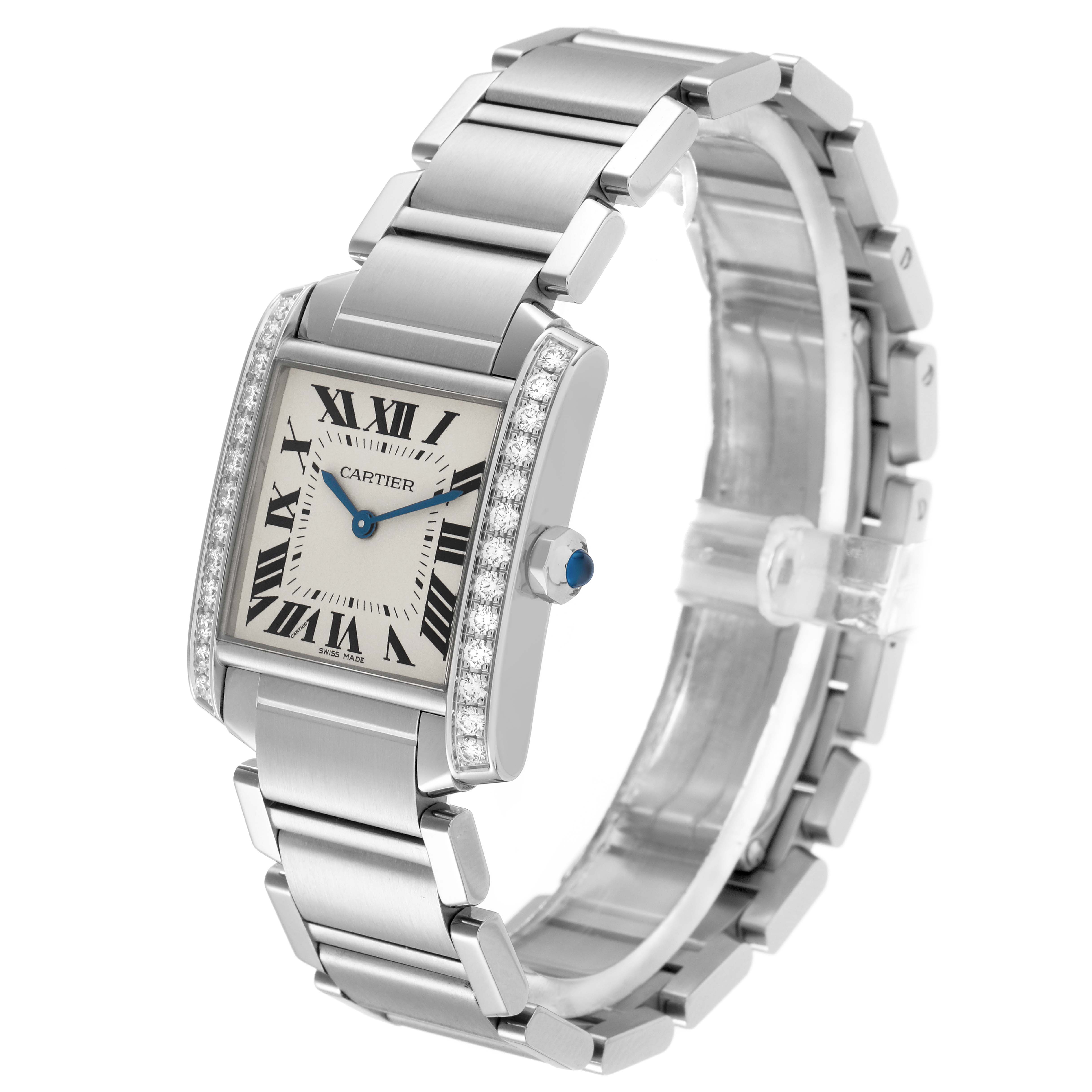 The Cartier Tank Française watch is shown at an angle highlighting the face, bracelet, crown, and diamond accents.