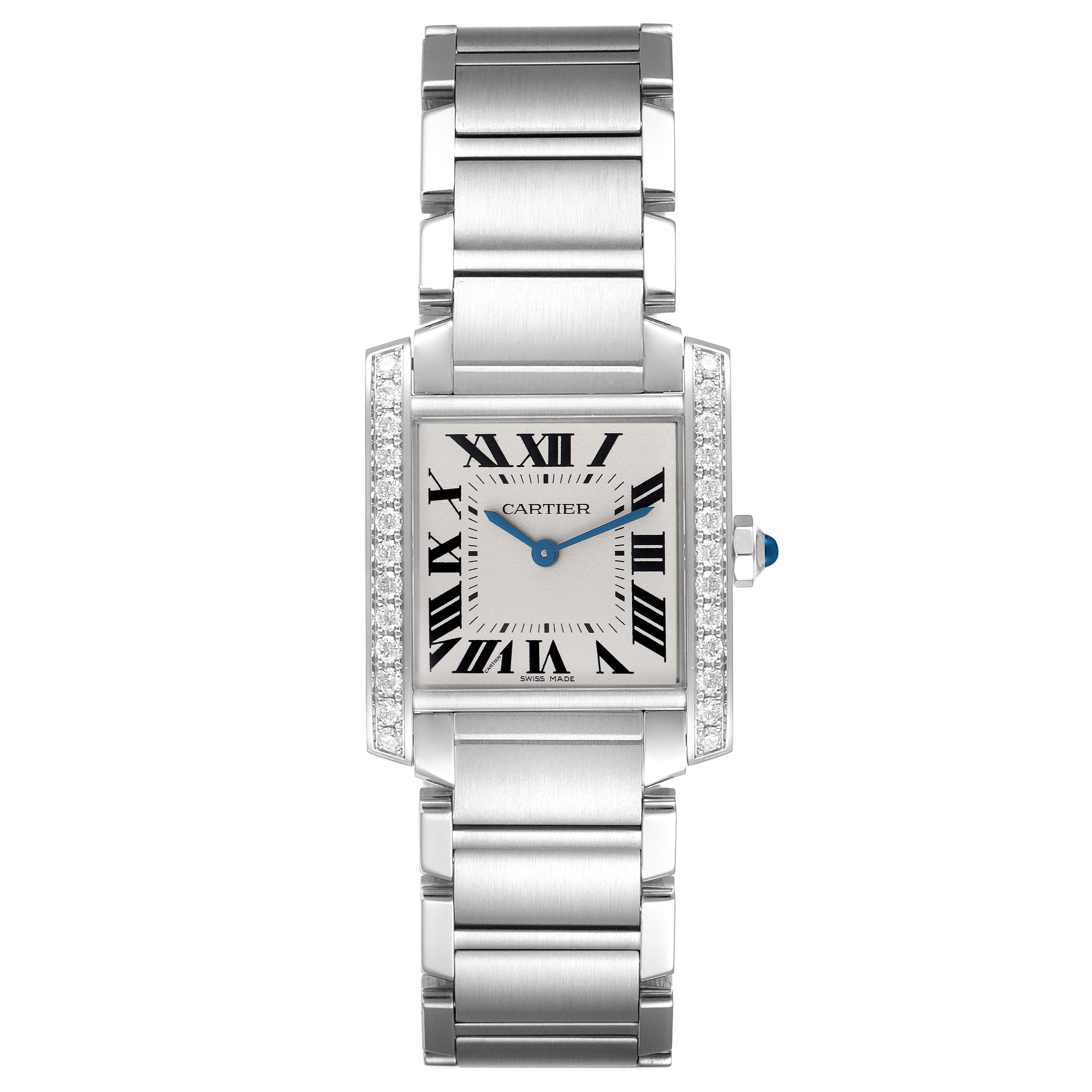 The Cartier Tank Française watch is shown from a front view, highlighting the dial, blue hands, and metal bracelet with a diamond-accented bezel.