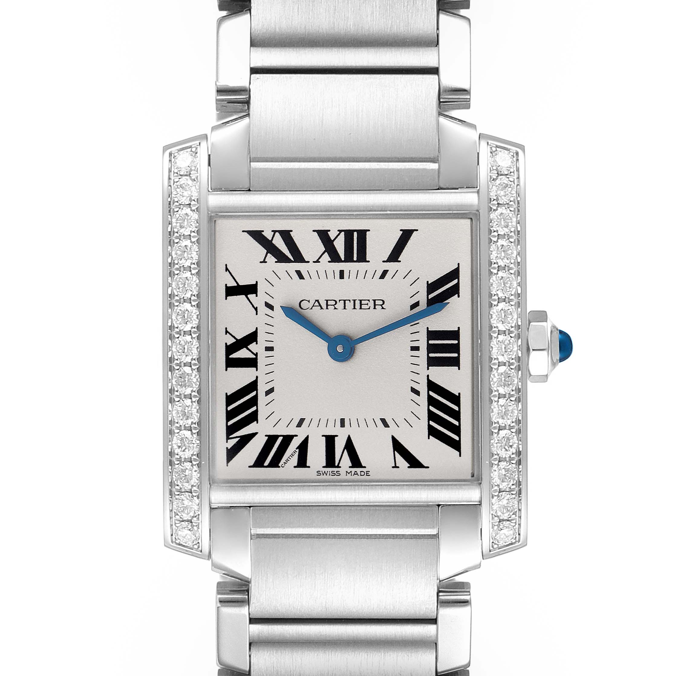 The Cartier Tank Francaise W4TA0009 Women
s Stainless Steel Silver Dial W4TA0009 Women
s Stainless Steel Silver Dial watch is shown from the front, showcasing its dial, Roman numerals, bracelet, and diamond-set case.