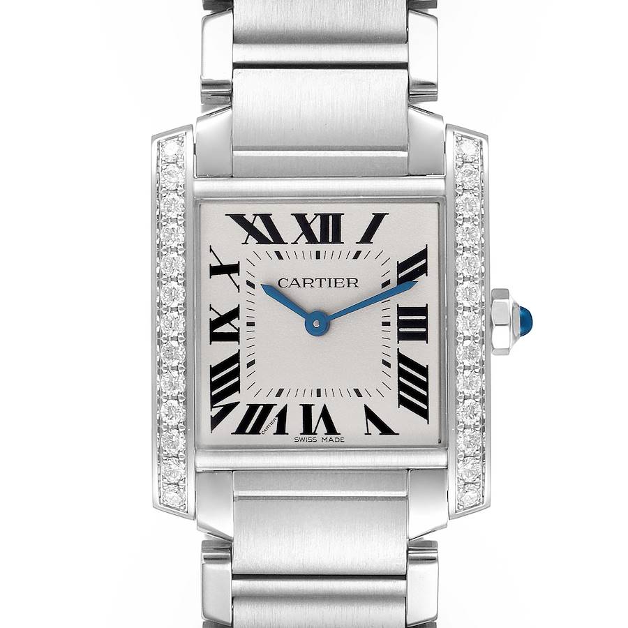 The Cartier Tank Francaise watch is shown from the front, showcasing its dial, Roman numerals, bracelet, and diamond-set case.
