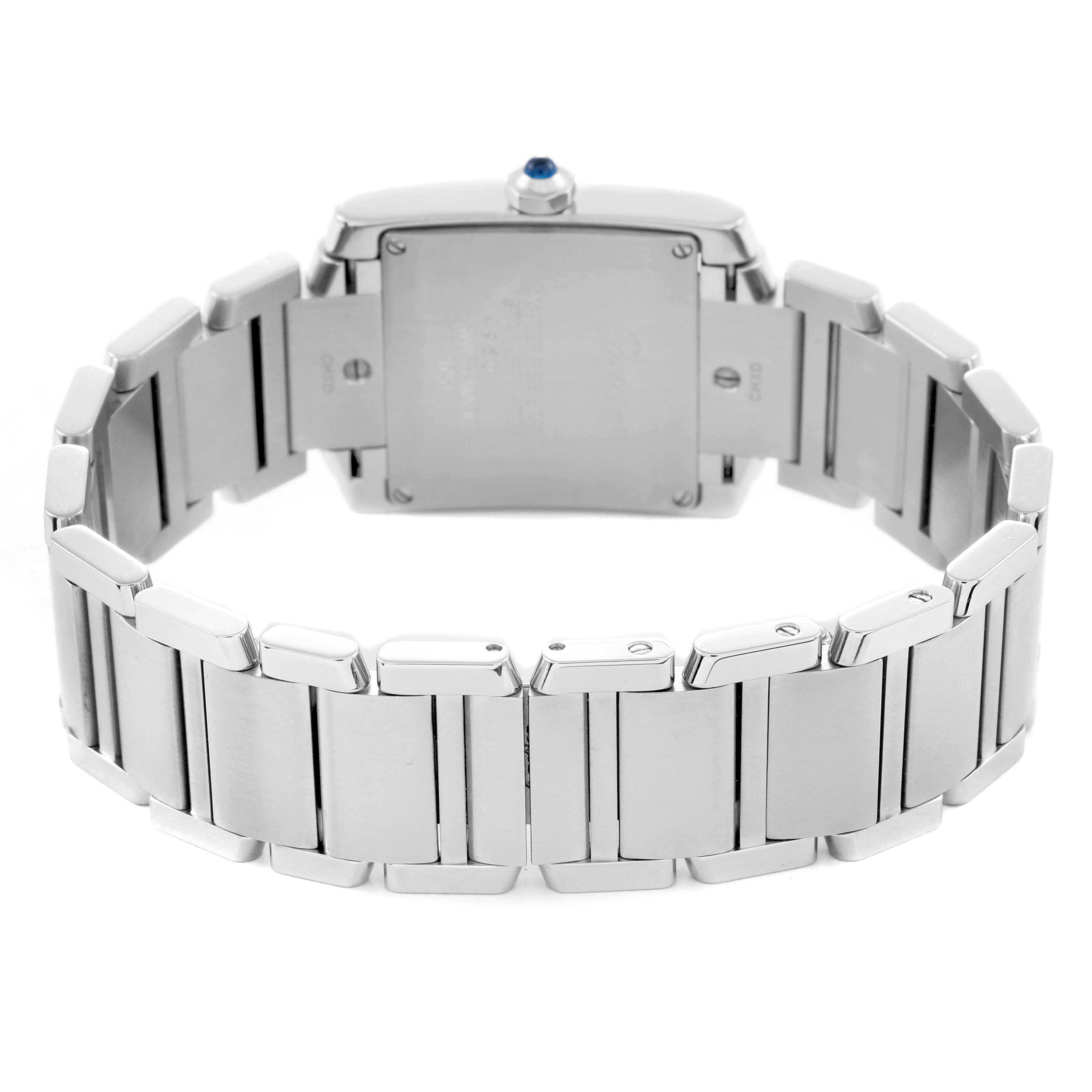 The image shows the back and bracelet of the Cartier Tank Francaise W4TA0009 Women
s Stainless Steel Silver Dial W4TA0009 Women
s Stainless Steel Silver Dial watch, highlighting its clasp and links.