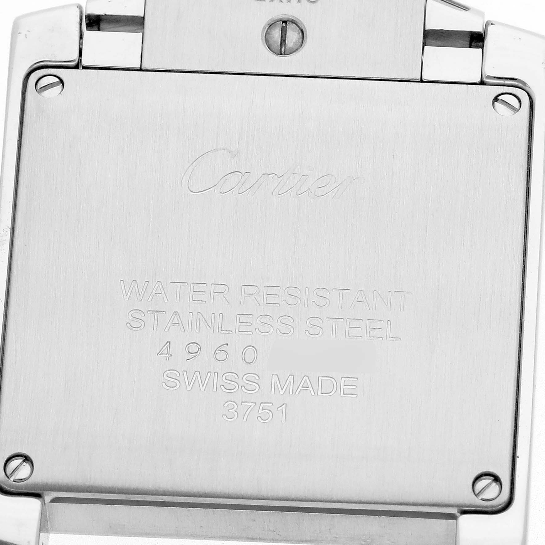 The image shows the case back of a Cartier Tank Francaise W4TA0009 Women
s Stainless Steel Silver Dial W4TA0009 Women
s Stainless Steel Silver Dial watch, highlighting engravings and screw details.