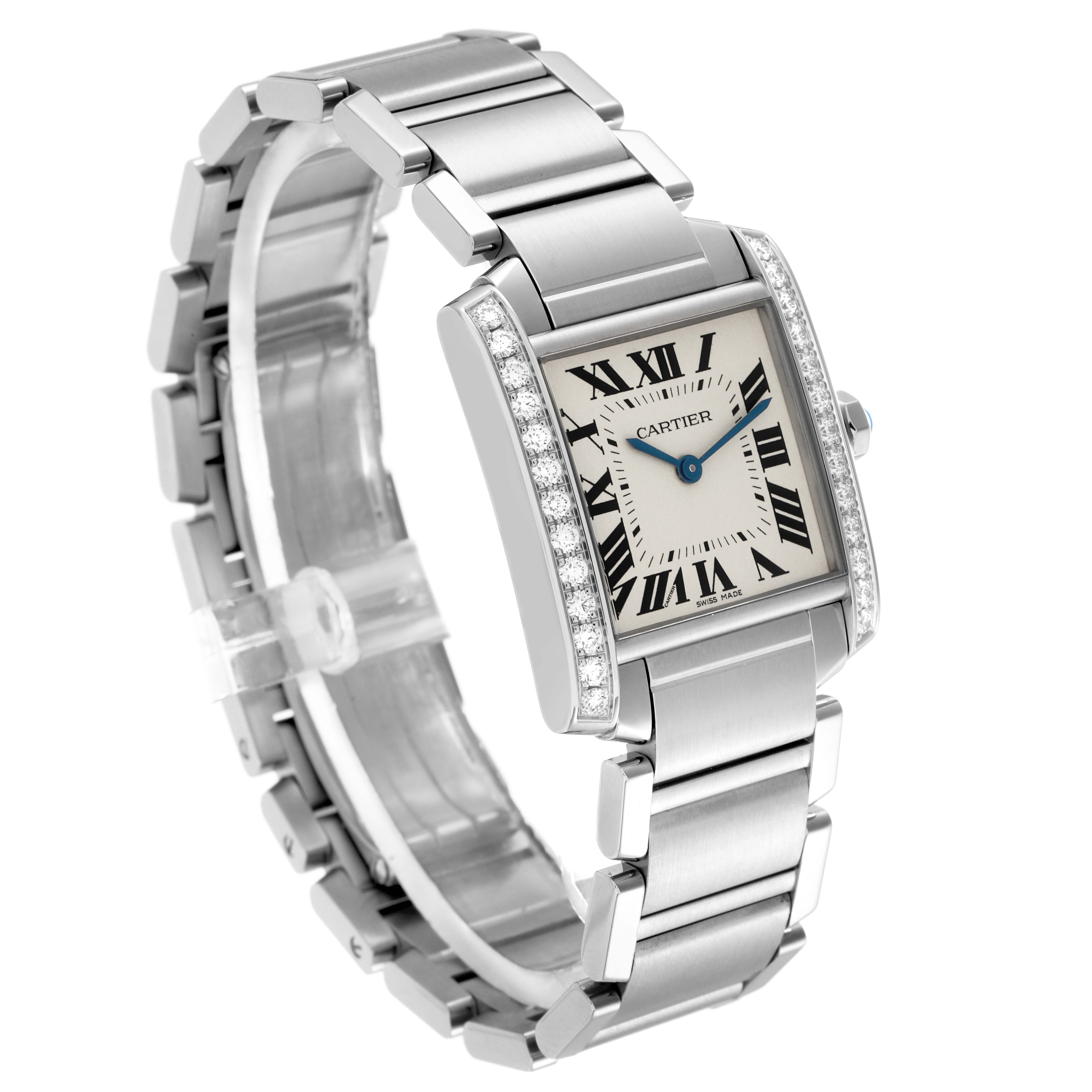 The Cartier Tank Française watch is shown at a three-quarter angle, displaying the face, bracelet, and diamond-set sides.