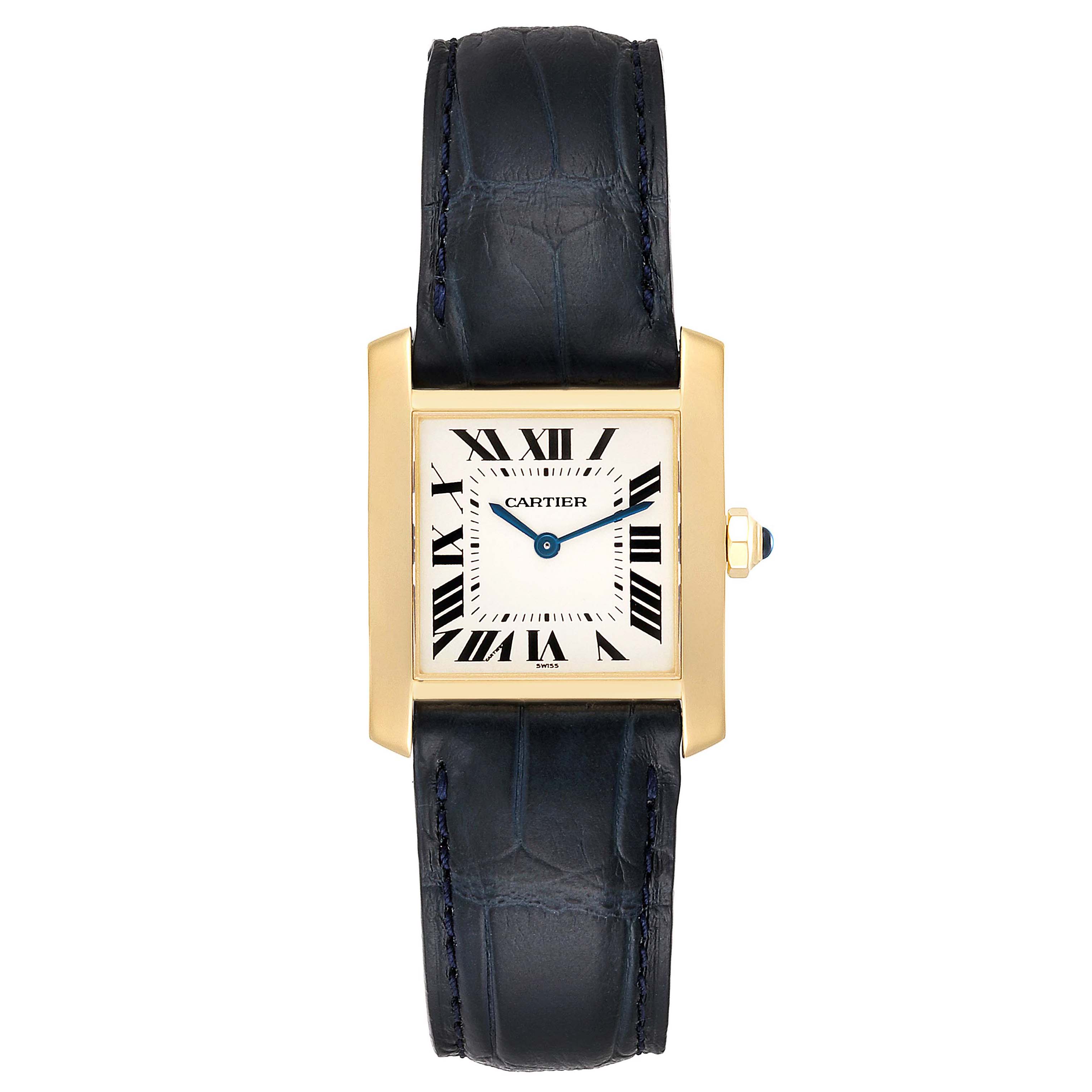 This Cartier Tank Francaise W5000356 Women
s Yellow Gold Silver Dial W5000356 Women
s Yellow Gold Silver Dial watch is shown from a top-down angle, displaying its face, bezel, and leather strap.
