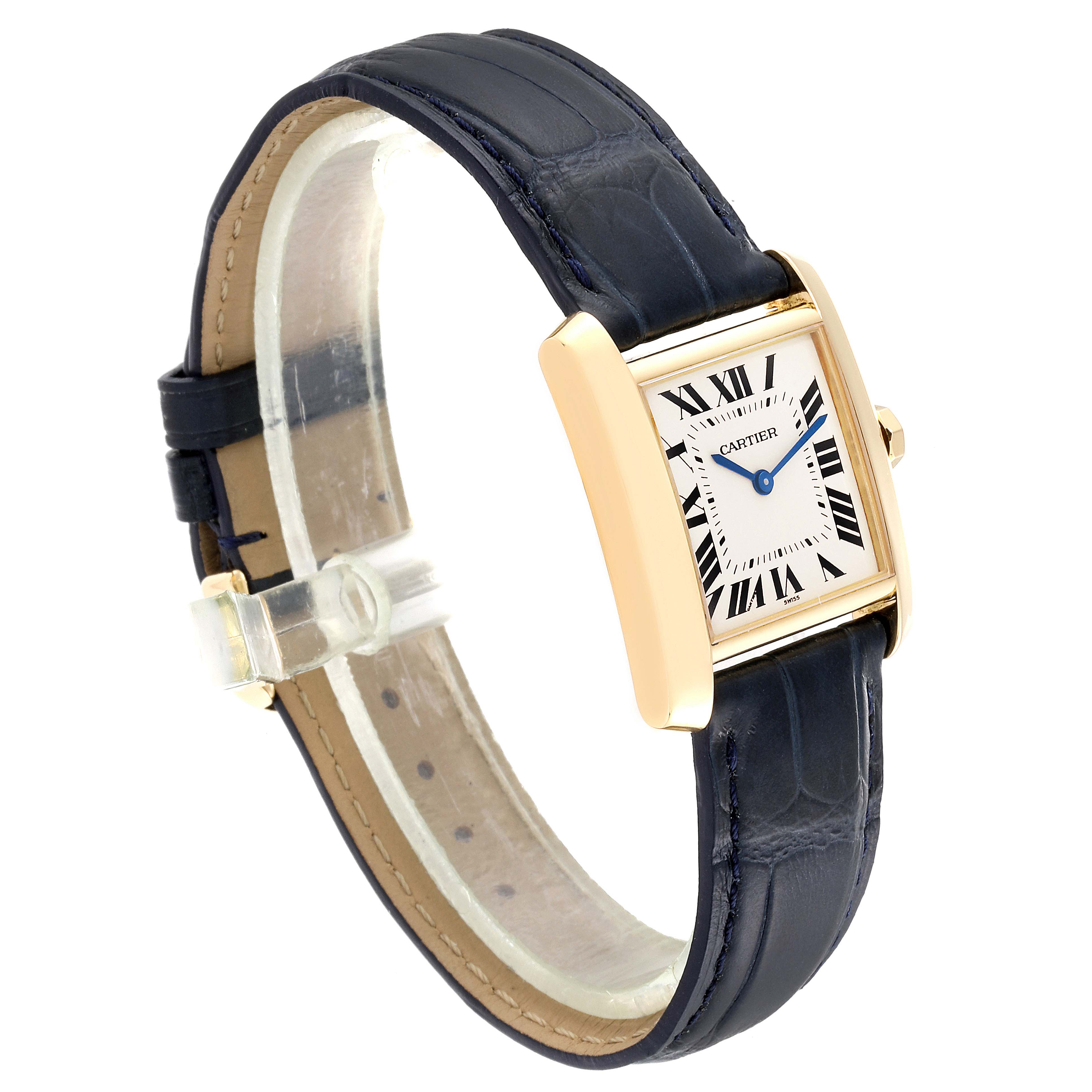 The Cartier Tank Francaise W5000356 Women
s Yellow Gold Silver Dial W5000356 Women
s Yellow Gold Silver Dial watch is shown at an angled view displaying the face and strap clearly.