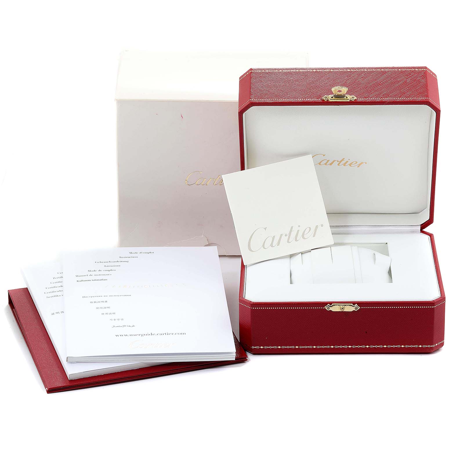 The image shows the packaging and accessories of a Cartier Tank Francaise W5000356 Women
s Yellow Gold Silver Dial W5000356 Women
s Yellow Gold Silver Dial watch, including an open red box, documentation, and a white outer box.