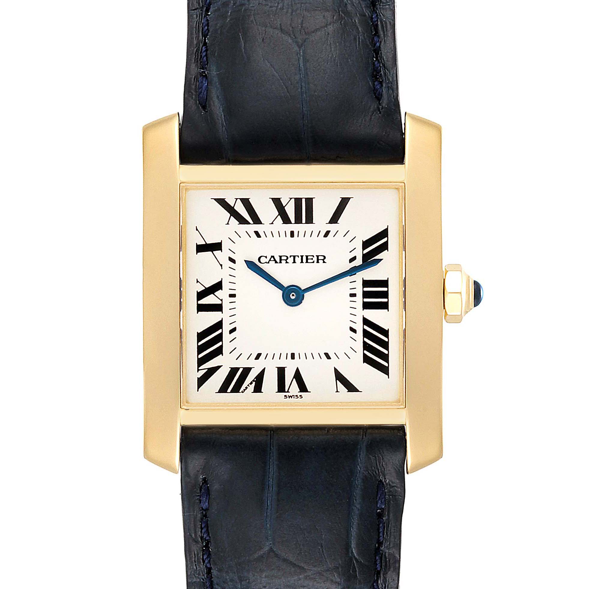 This image shows a front view of a Cartier Tank Francaise W5000356 Women
s Yellow Gold Silver Dial W5000356 Women
s Yellow Gold Silver Dial watch, highlighting its rectangular case, Roman numerals, and blue leather strap.