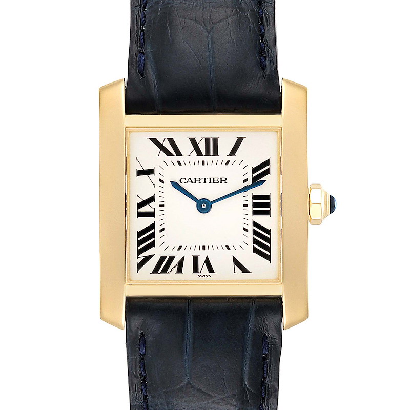 Cartier Tank Francaise Midsize Yellow Gold Blue Strap Watch W5000356 SwissWatchExpo