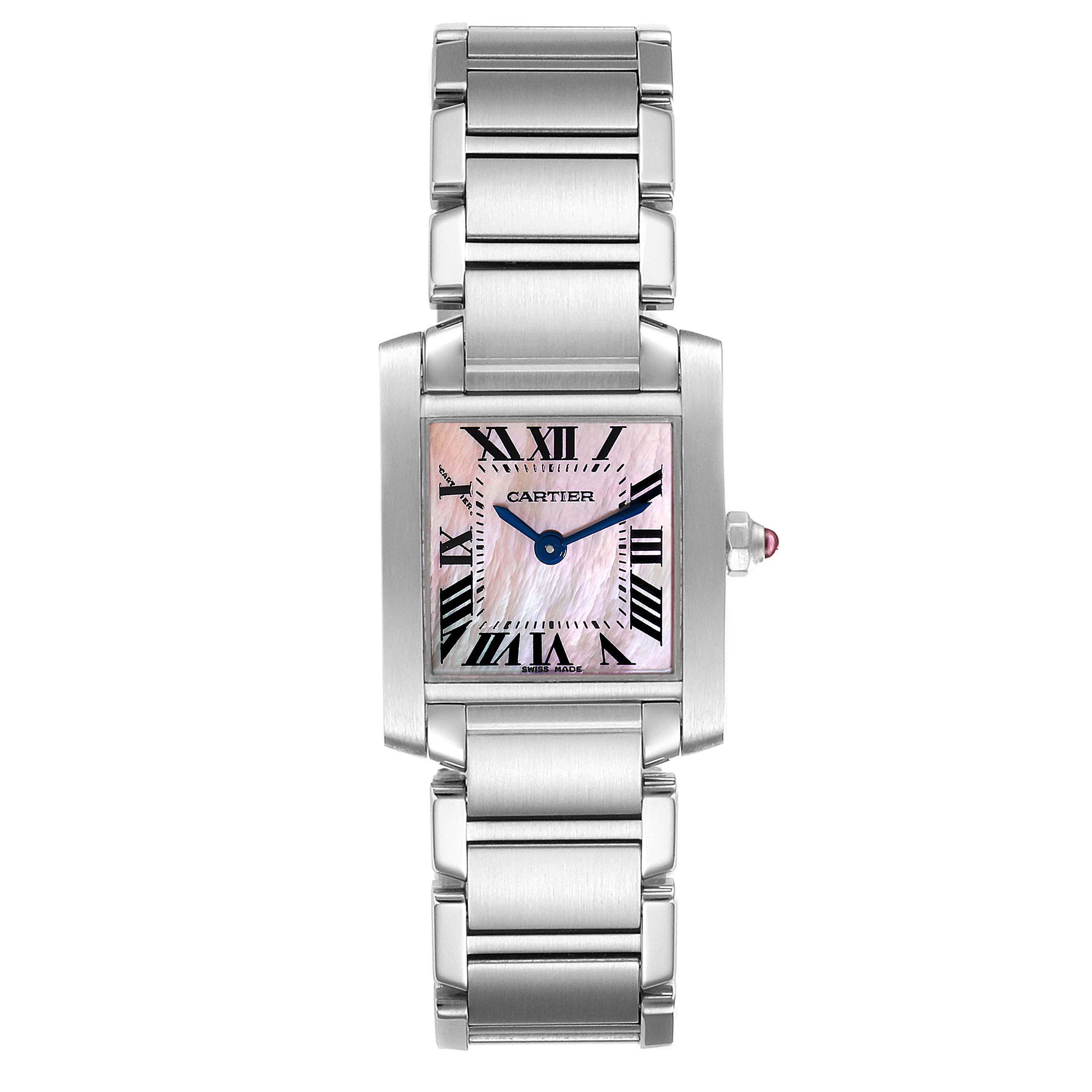 The image shows a head-on view of the Cartier Tank Francaise W51028Q3 Women
s Stainless Steel Mother of Pearl Dial W51028Q3 Women
s Stainless Steel Mother of Pearl Dial watch, highlighting the face and stainless steel bracelet.