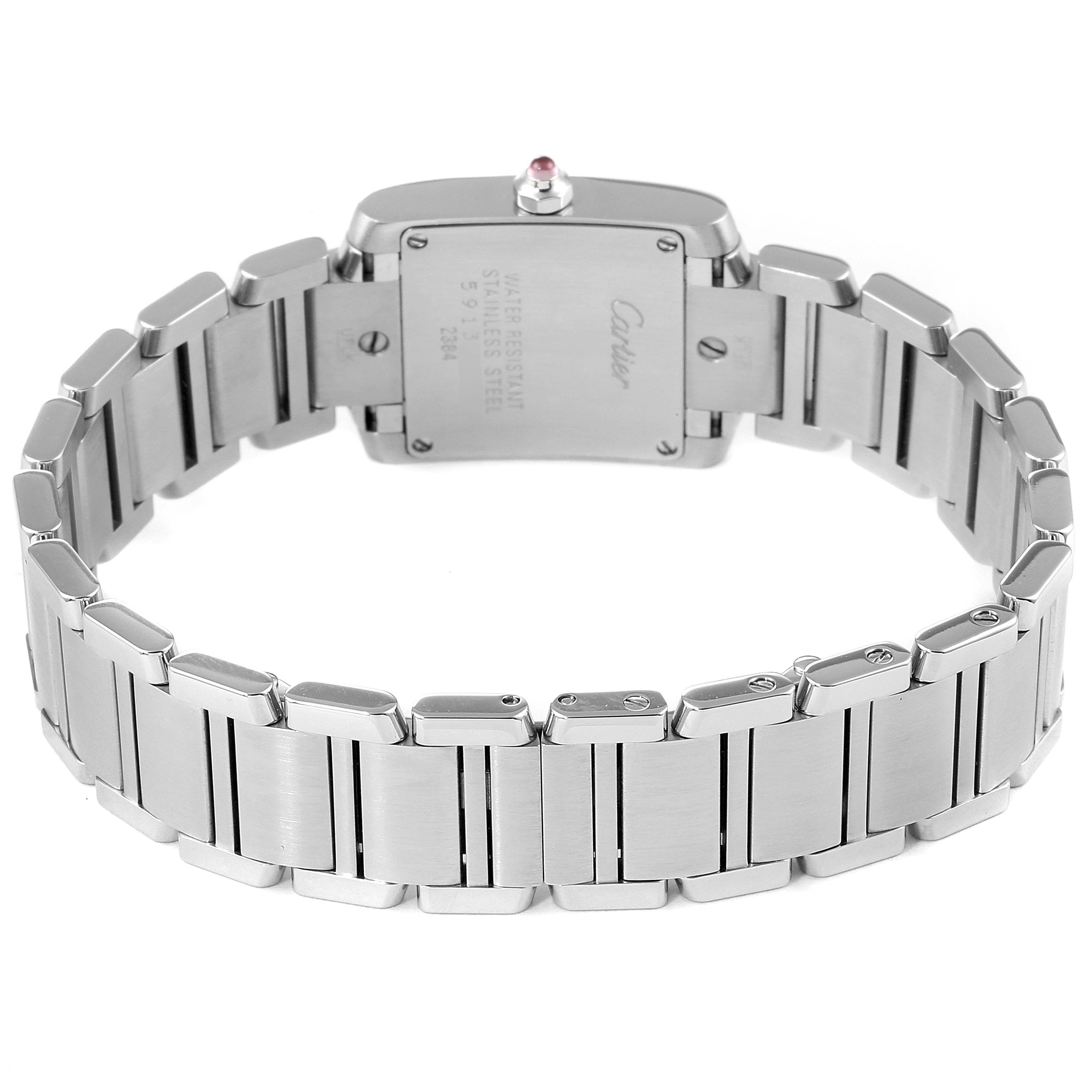 This image shows the back view of the Cartier Tank Francaise W51028Q3 Women
s Stainless Steel Mother of Pearl Dial W51028Q3 Women
s Stainless Steel Mother of Pearl Dial watch, focusing on the stainless steel bracelet and case back.