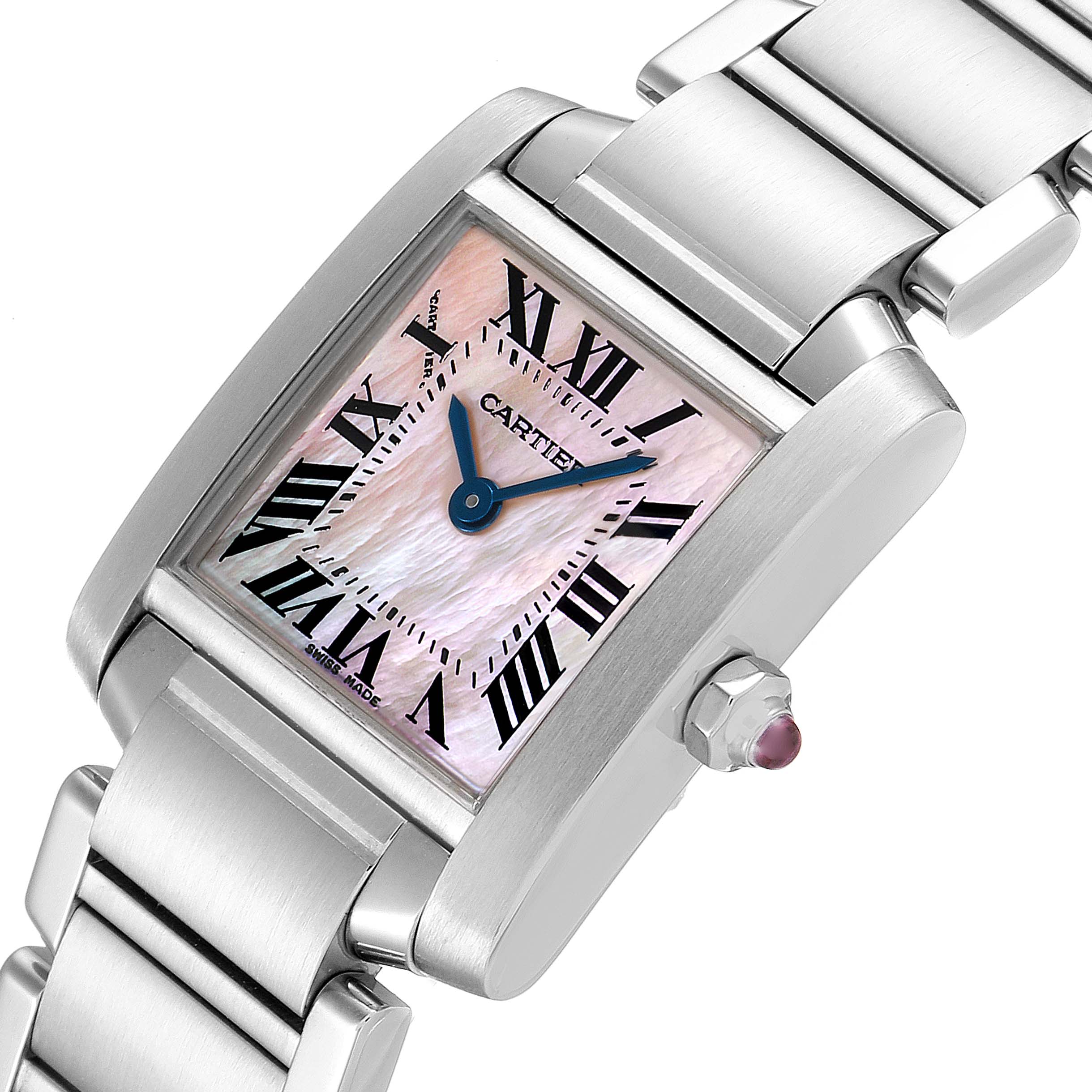 This image shows a close-up angle of the Cartier Tank Francaise W51028Q3 Women
s Stainless Steel Mother of Pearl Dial W51028Q3 Women
s Stainless Steel Mother of Pearl Dial watch, highlighting its dial, crown, and part of the bracelet.