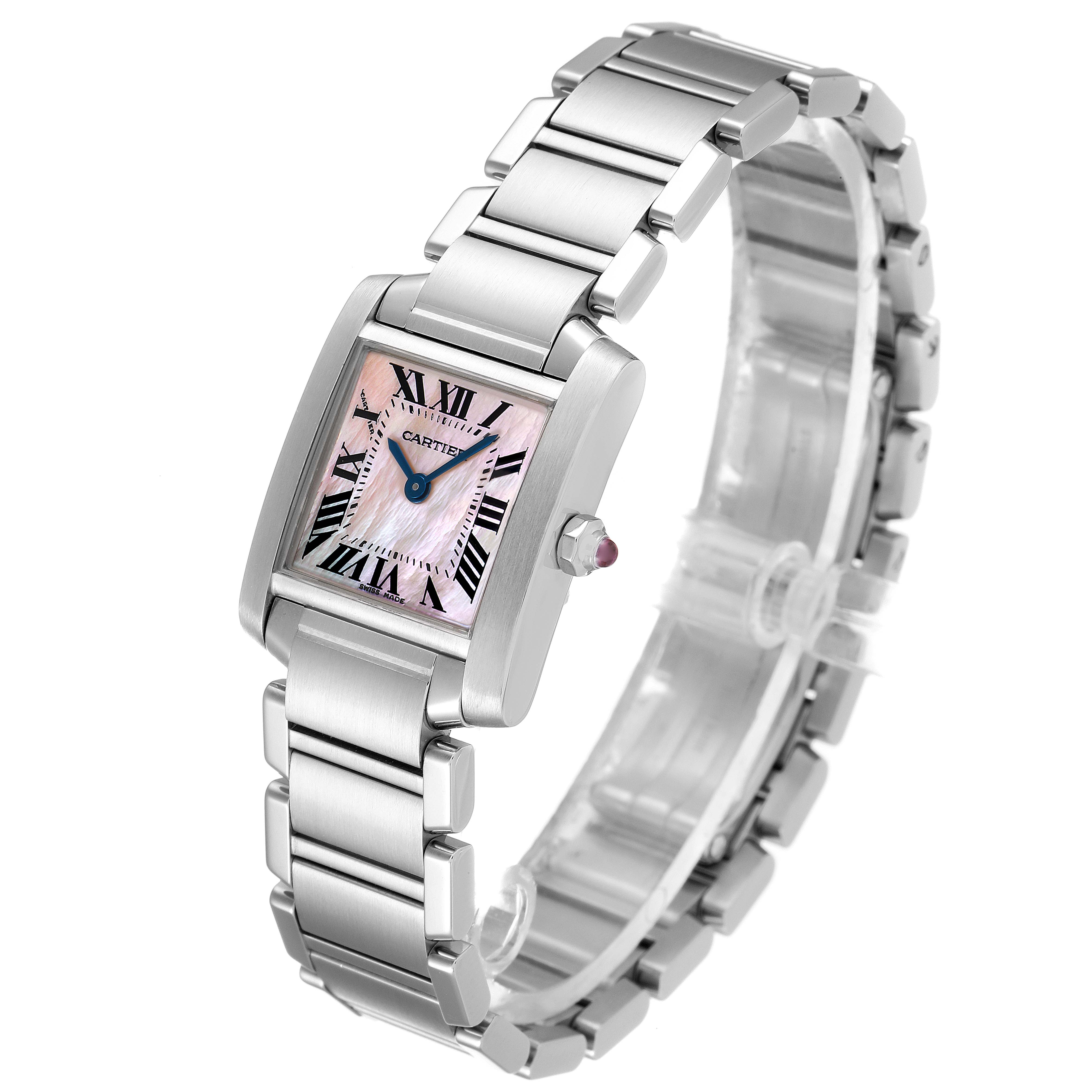 The image shows a Cartier Tank Française watch from a three-quarter angle, highlighting the face, bracelet, and crown.