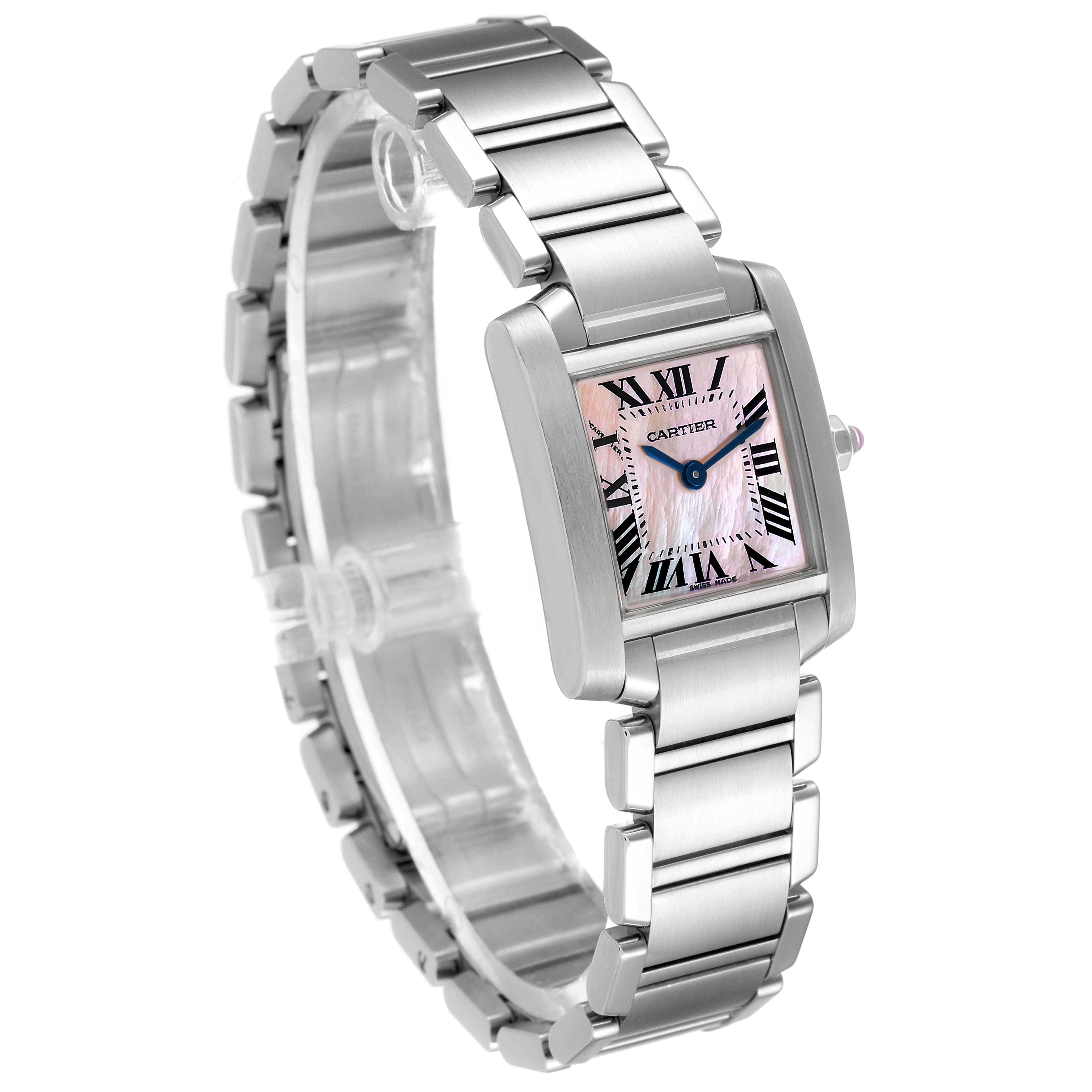 The image shows a Cartier Tank Francaise W51028Q3 Women
s Stainless Steel Mother of Pearl Dial W51028Q3 Women
s Stainless Steel Mother of Pearl Dial watch at a three-quarter angle, displaying its face and bracelet.
