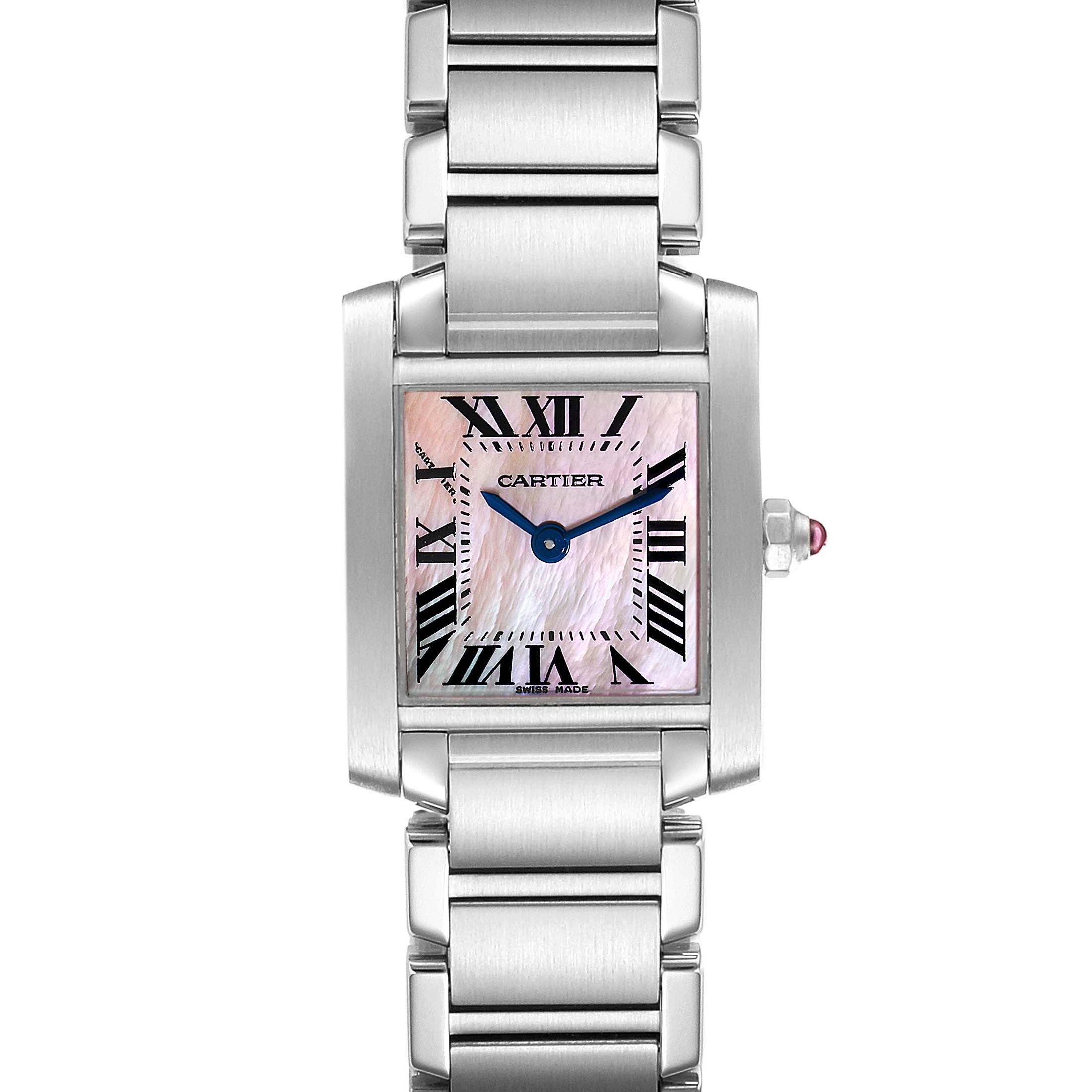 The Cartier Tank Francaise W51028Q3 Women
s Stainless Steel Mother of Pearl Dial W51028Q3 Women
s Stainless Steel Mother of Pearl Dial watch is shown from the front, highlighting its bracelet, square face, and crown with a cabochon.