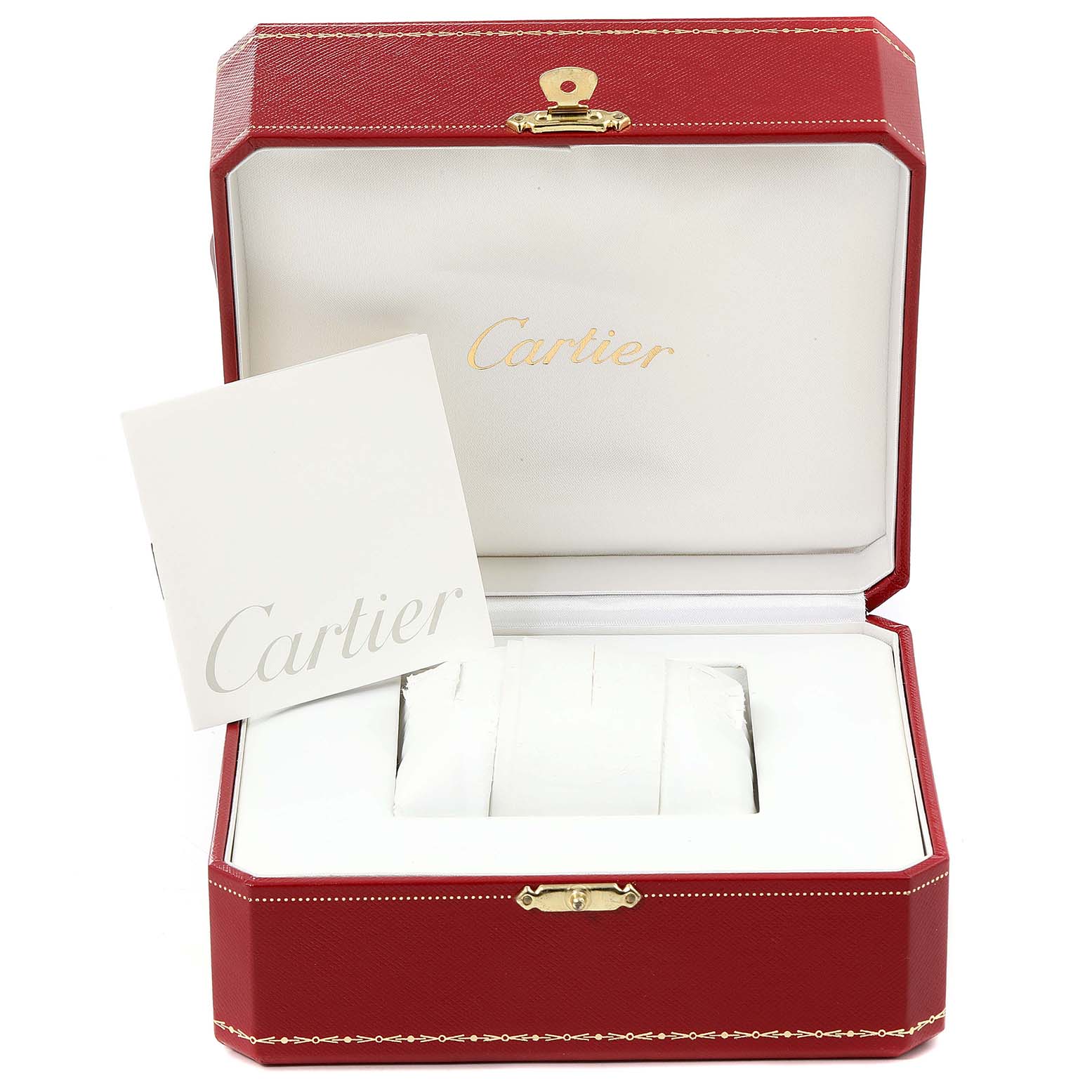 The image shows an open red Cartier box for the Tank Francaise model, containing a branded booklet and a padded compartment for the watch.