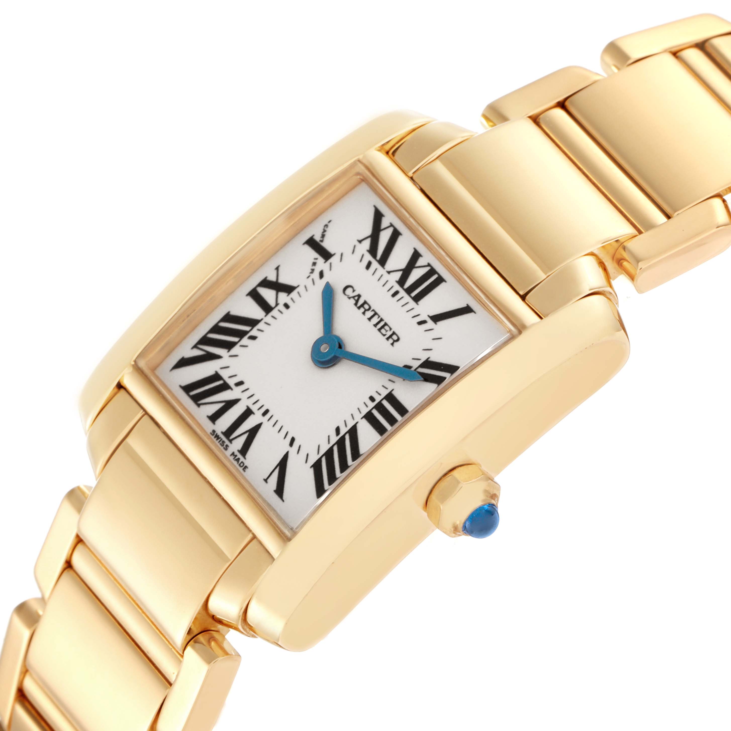 The Cartier Tank Française watch is shown at an angled top view, displaying the case, bracelet, dial, and crown.