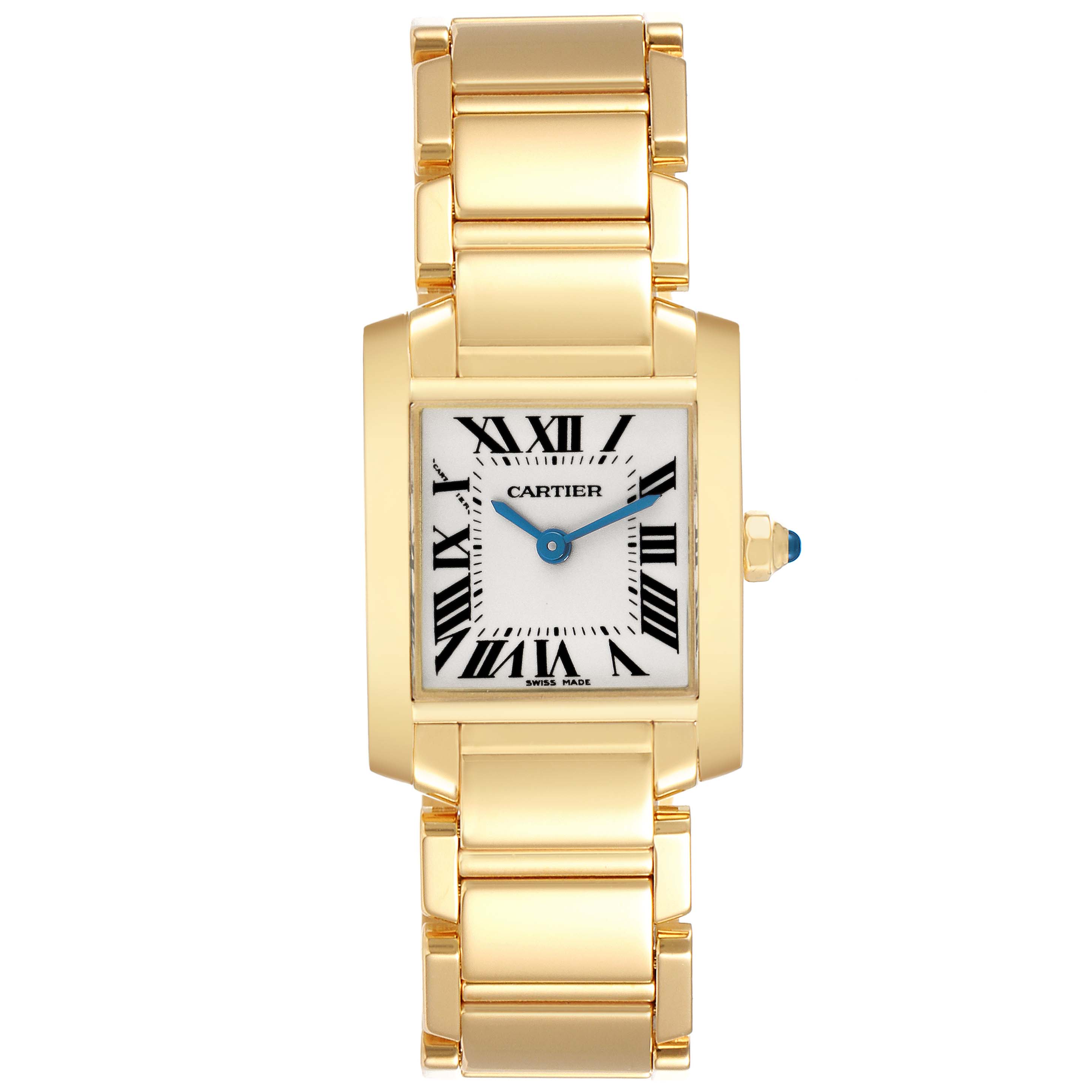 The Cartier Tank Francaise W50002N2 Women
s Yellow Gold Silver Dial W50002N2 Women
s Yellow Gold Silver Dial watch is shown from a top-down angle, displaying the face, Roman numerals, and gold bracelet.