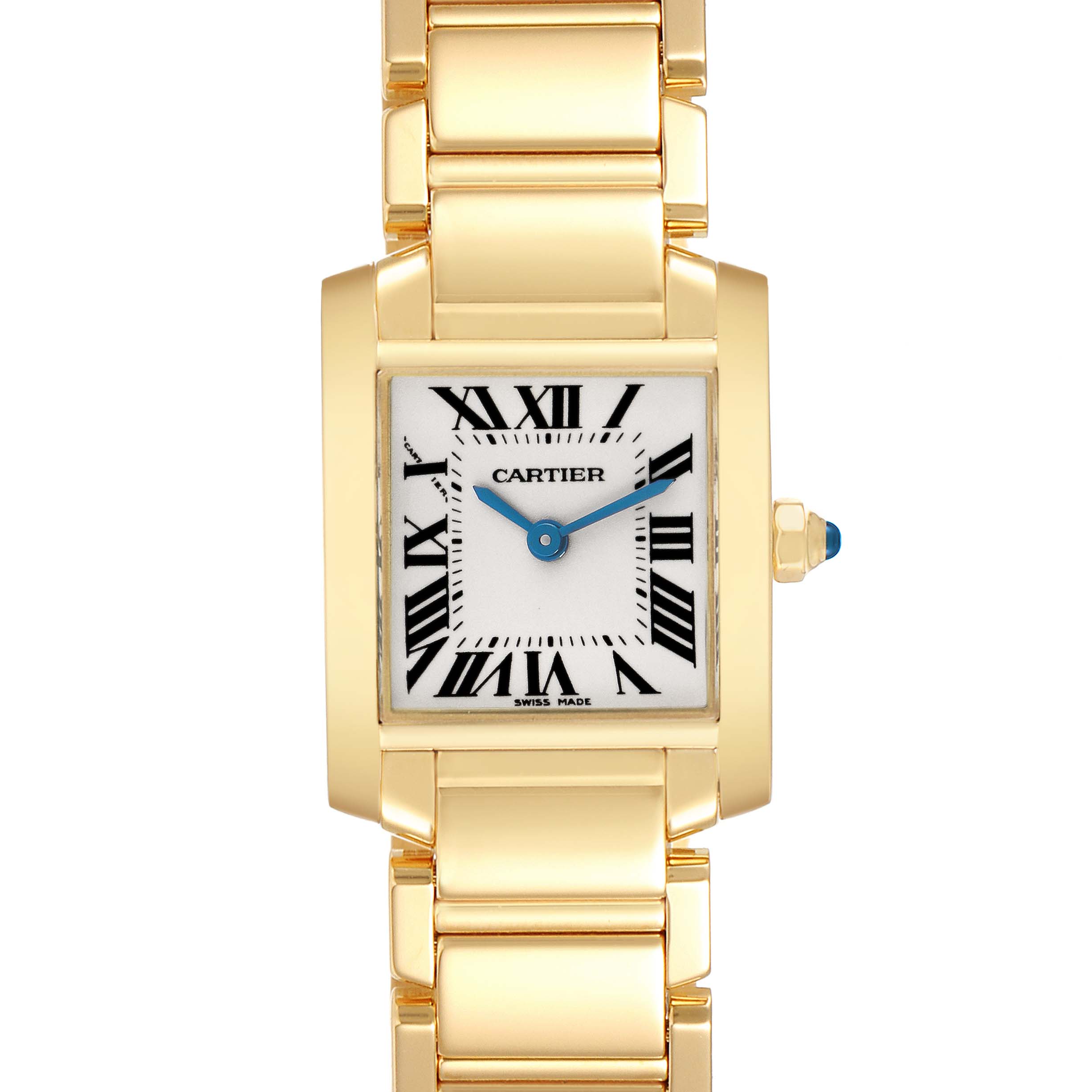 The Cartier Tank Francaise W50002N2 Women
s Yellow Gold Silver Dial W50002N2 Women
s Yellow Gold Silver Dial watch is shown from the front, displaying its rectangular face and bracelet.