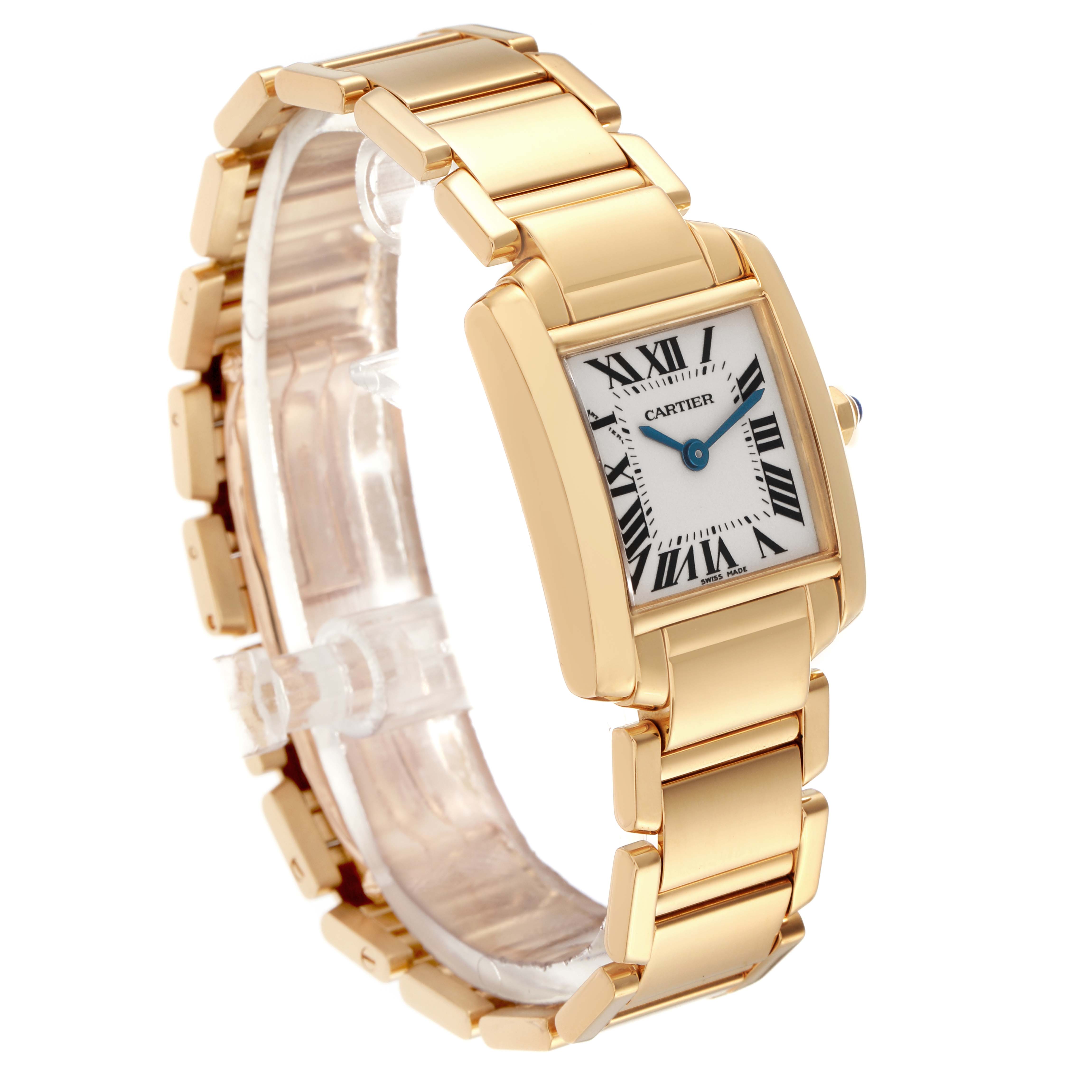 The Cartier Tank Française watch is shown from a three-quarter angle, highlighting its gold case, bracelet, and Roman numeral dial.