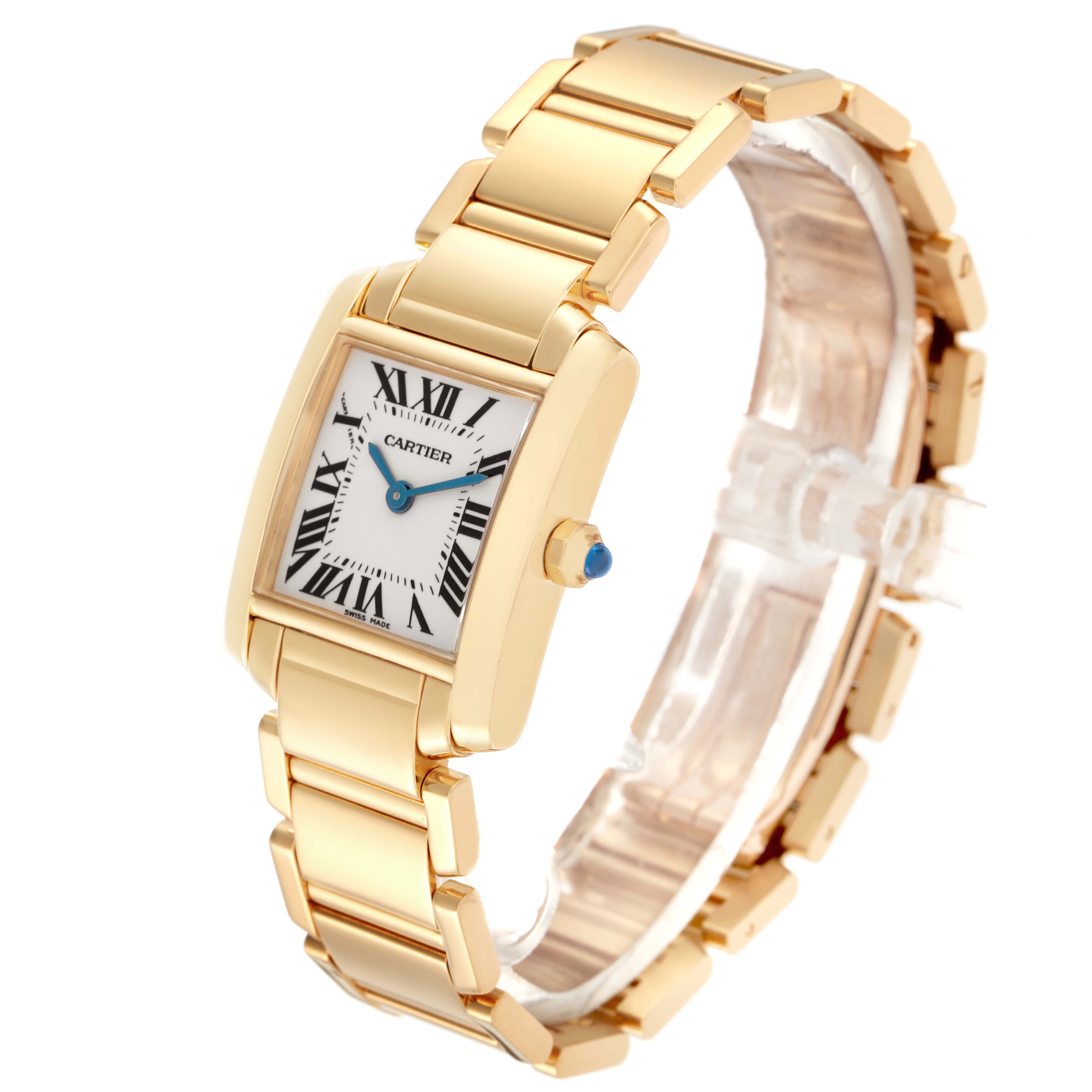 The Cartier Tank Francaise W50002N2 Women
s Yellow Gold Silver Dial W50002N2 Women
s Yellow Gold Silver Dial watch is shown at an angle highlighting its gold bracelet, rectangular face, and sapphire crown.
